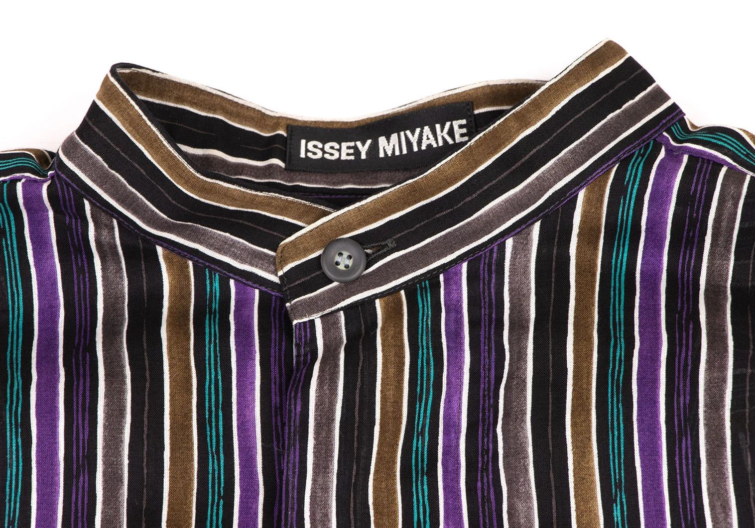 Issey Miyake Cotton Stripe Band Collar Shirt in Black Purple Green Size US M / EU 48-50 / 2 - 3 Thumbnail