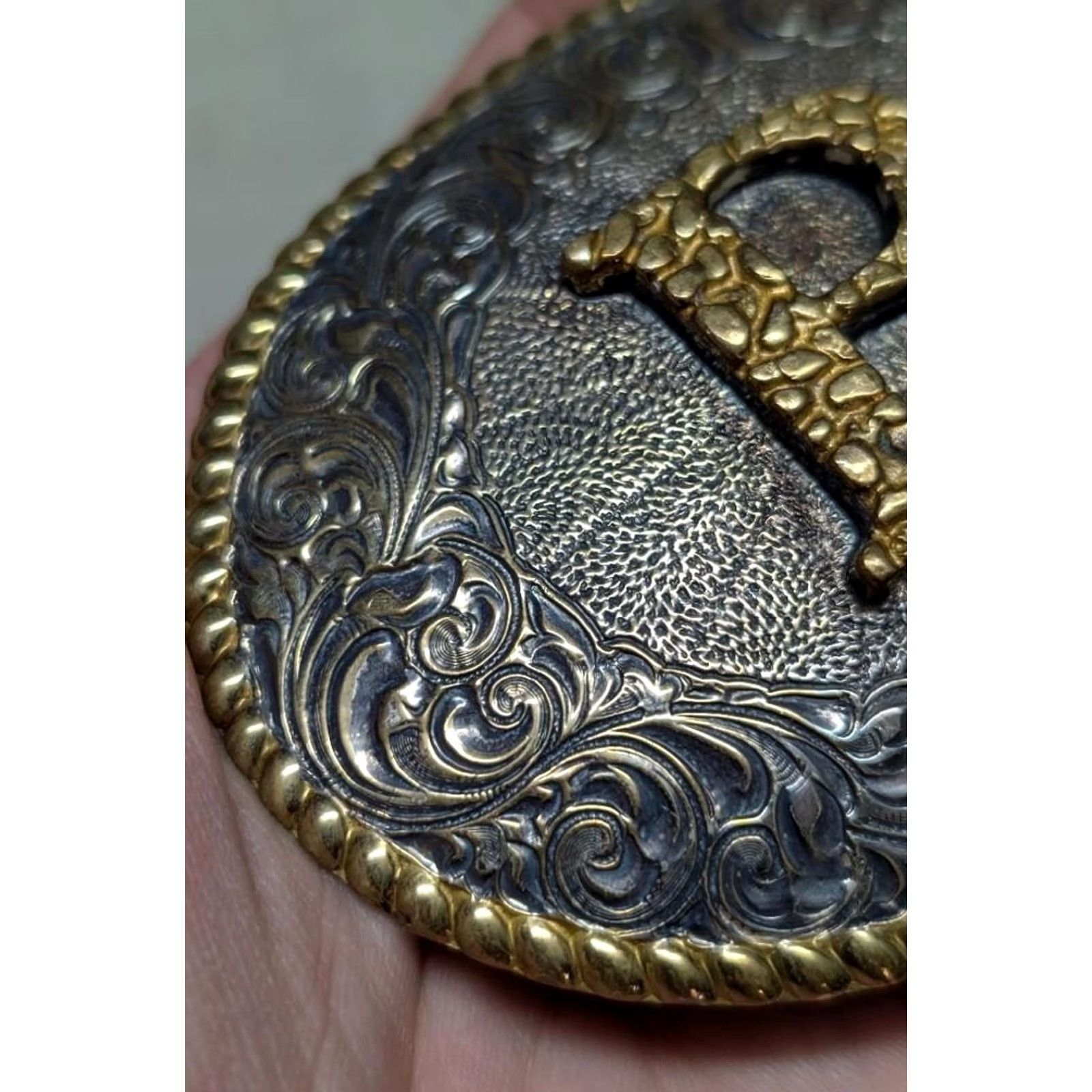 Vintage VINTAGE CRUMRINE Belt Buckle "B" heavy silver plate BRONZE sterling WESTERN Mens Size ONE SIZE - 3 Thumbnail