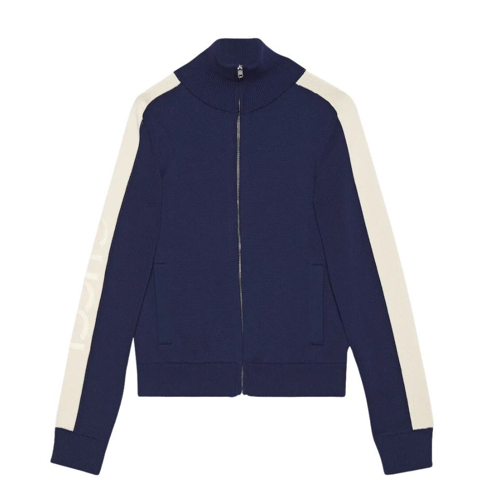 o1mt1gz0525 Cotton Knit Zip Bomber Jacket in Blue/Ivory