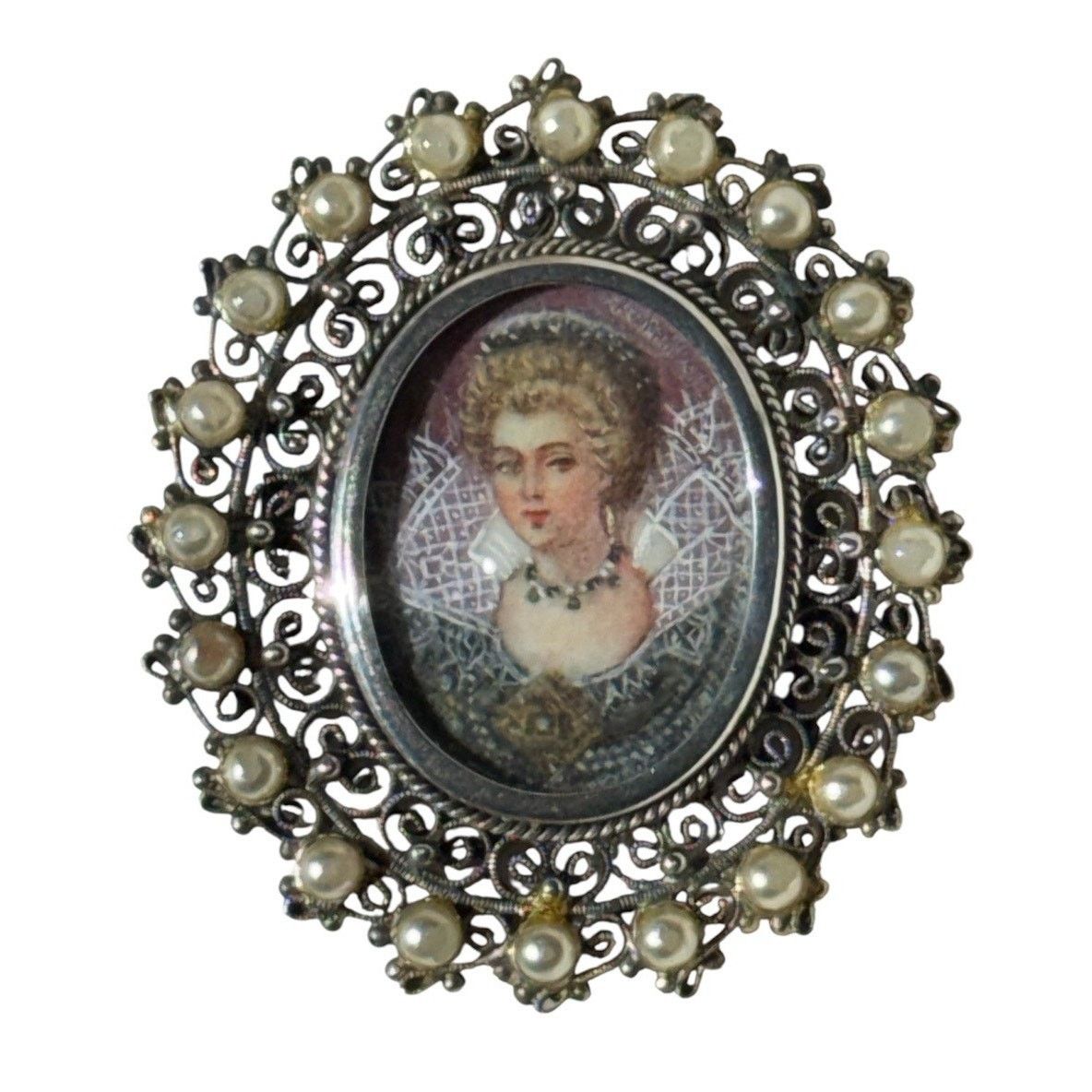 The Unbranded Brand Vintage Portrait Brooch HandPainted Mini Filigree Faux Pearl Size ONE SIZE - 1 Thumbnail