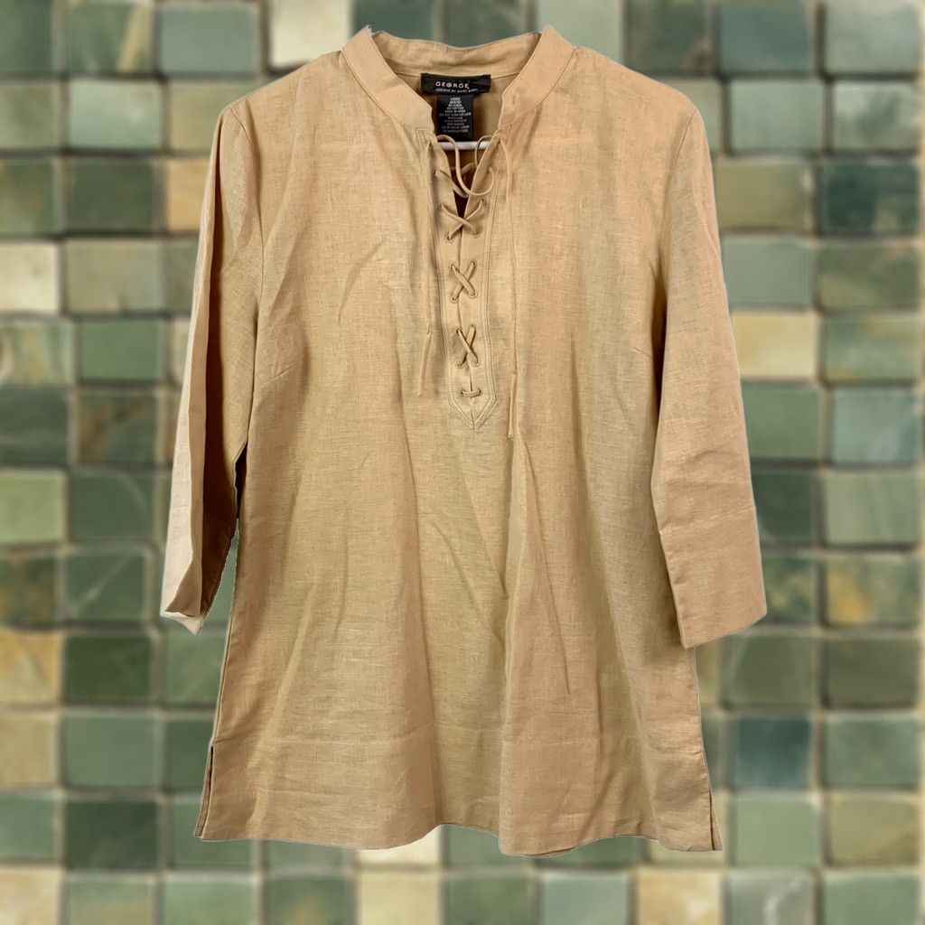 George George Linen Mandarin Lace-up Blouse Top Shirt Womens M Beige 3/4 Sleeve 55% Linen 45% Cotton N/A Size M / US 6-8 / IT 42-44 - 1 Thumbnail
