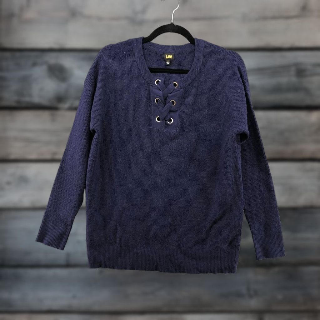 Lee Lee Sweater Womens M Blue Lace Up Front Crew Neck Knit Stretch Pullover Casual Modern (Proceed without extra punctuation) Size M / US 6-8 / IT 42-44 - 1 Thumbnail