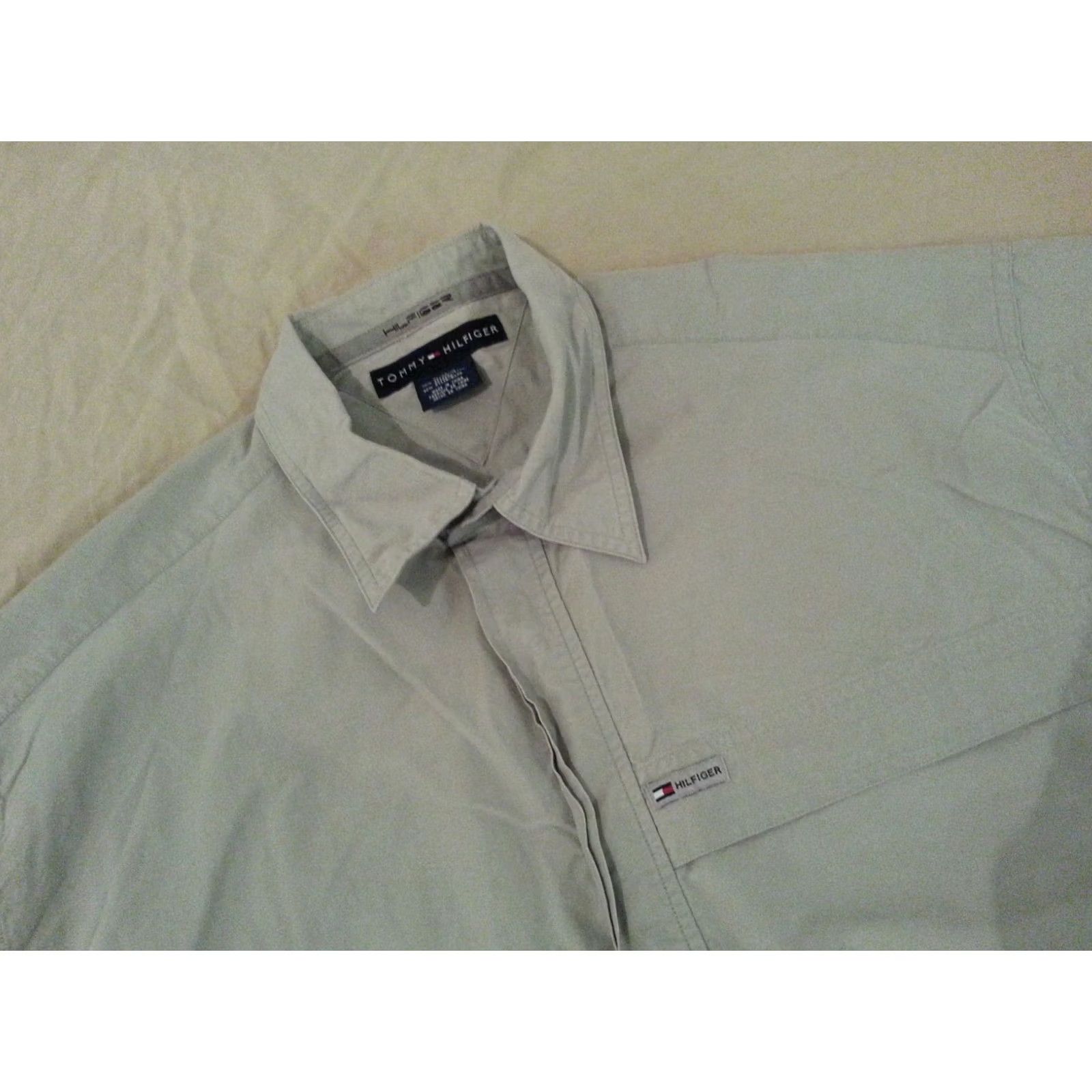 Tommy Hilfiger Mens Tommy Hilfiger Shirt XL Short Sleeve Button-Front Cotton Beige Dress Shirt Size 46R - 3 Thumbnail