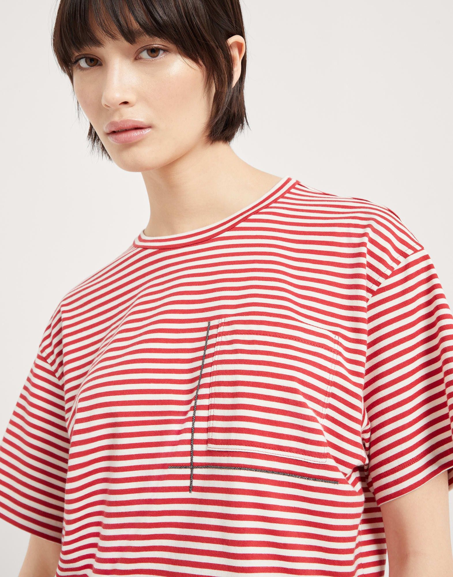 Brunello Cucinelli o1la1rc1a0326 Striped Jersey Cropped T-Shirt in Red Size XL / US 12-14 / IT 48-50 - 3 Thumbnail