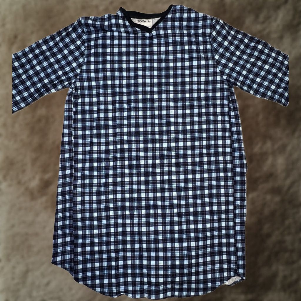 Vintage VINTAGE? (No) Silverts Nightgown Womens Gown Blue Knit Snaps Open Back 3/4 Sleeve Plaid V-Neck Large Medical Hospital Adapt I can't include "?" Size L / US 10 / IT 46 - 1 Thumbnail