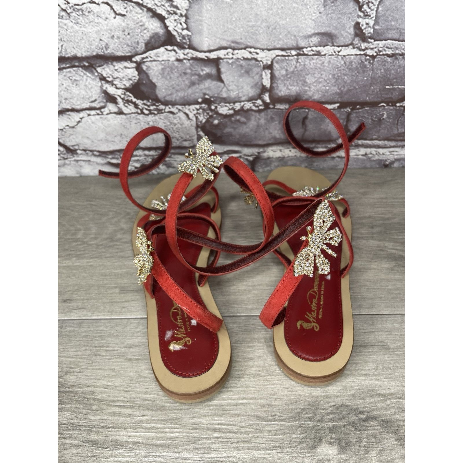 Domenico Spano Mastro Domenico Red Leather Butterfly Rhinestone Wrap Around Size US 7.5 / IT 37.5 - 5 Thumbnail