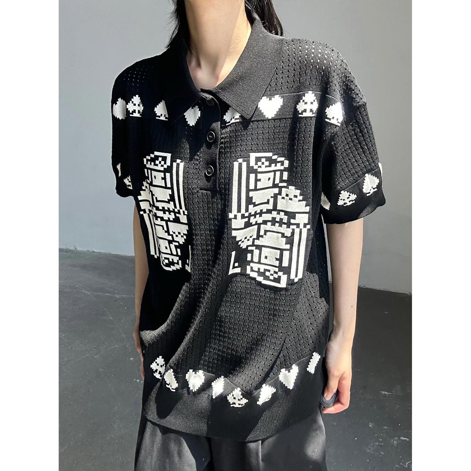 Japanese Brand Black Knit Polo Shirt with Graphic Print, Relaxed Fit Size US M / EU 48-50 / 2 - 5 Thumbnail