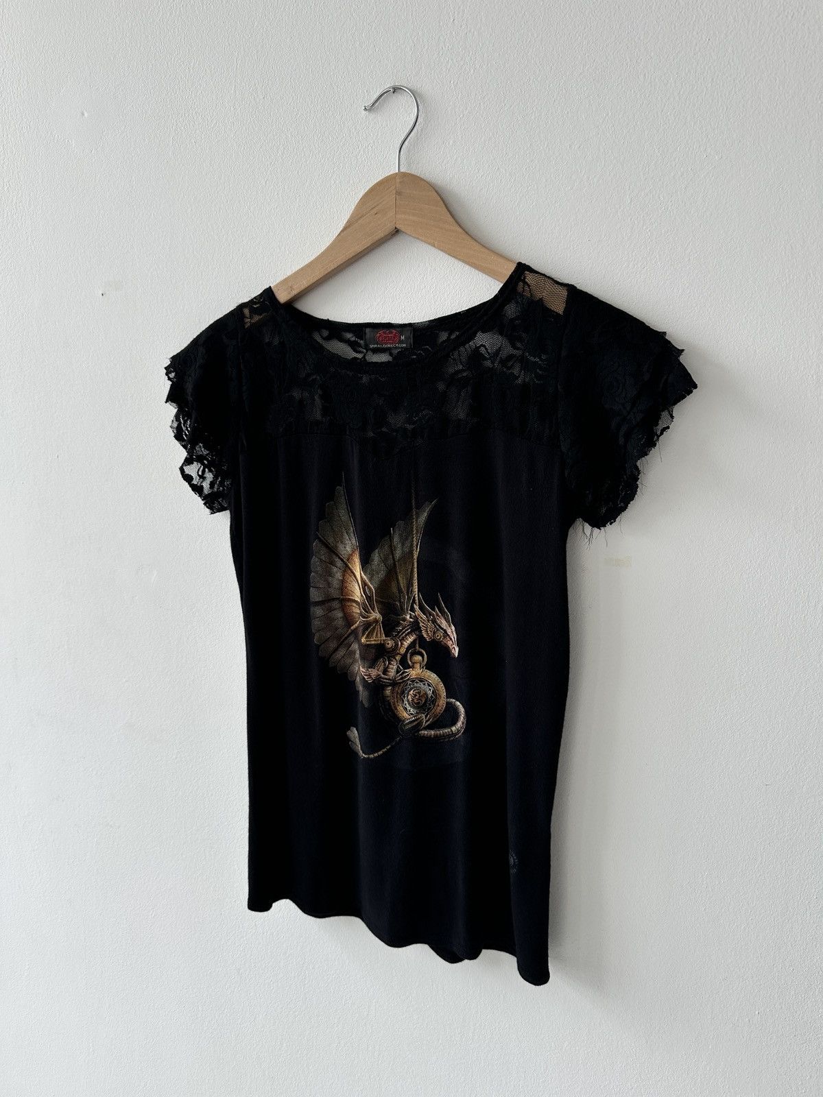 Japanese Brand Spiral direct Black lace ruffle short sleeve top with dragon Size M / US 6-8 / IT 42-44 - 3 Thumbnail