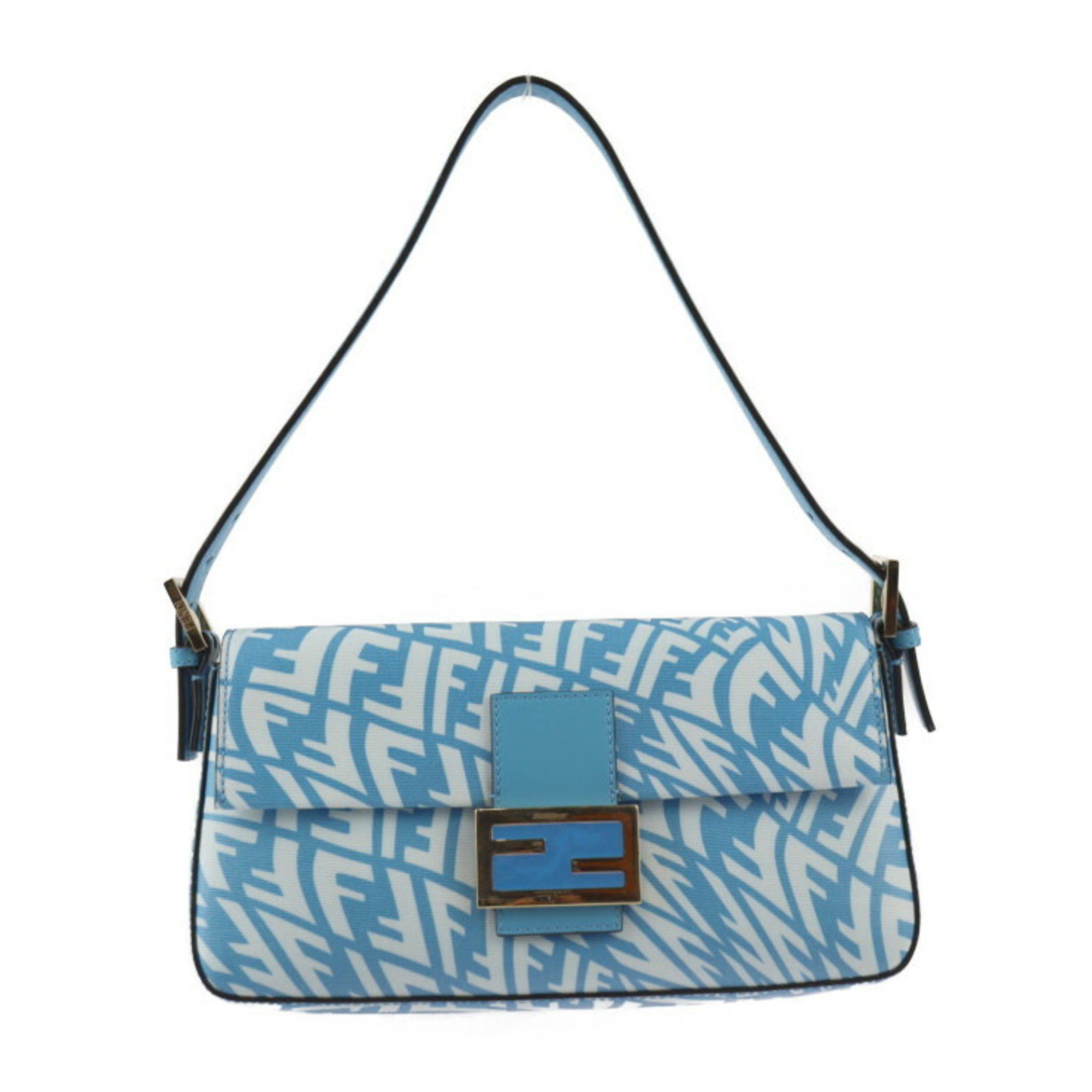 image of Fendi Baguette 1997 Shoulder Bag Handbag 8Br792 Coated Canvas Leather Cyber Blue Gold Hardware One,