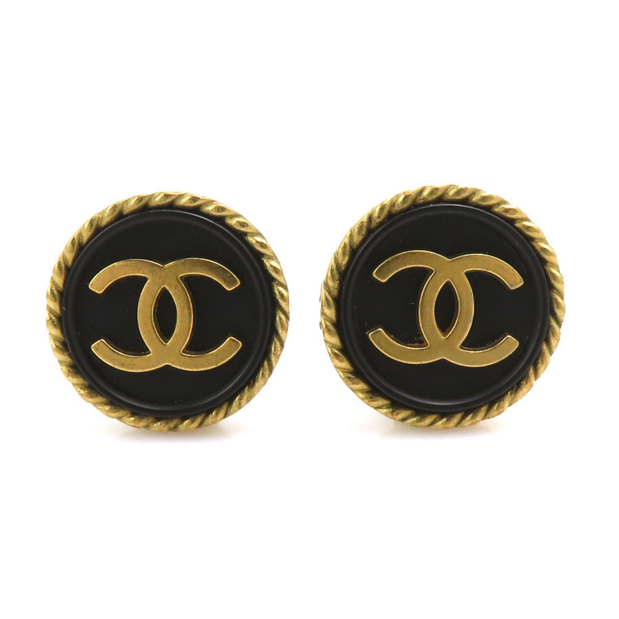 Chanel CHANEL Coco Mark Metal and Plastic Earrings in Gold Black, Women's, Free Shipping, e61572a Size ONE SIZE - 1 Thumbnail