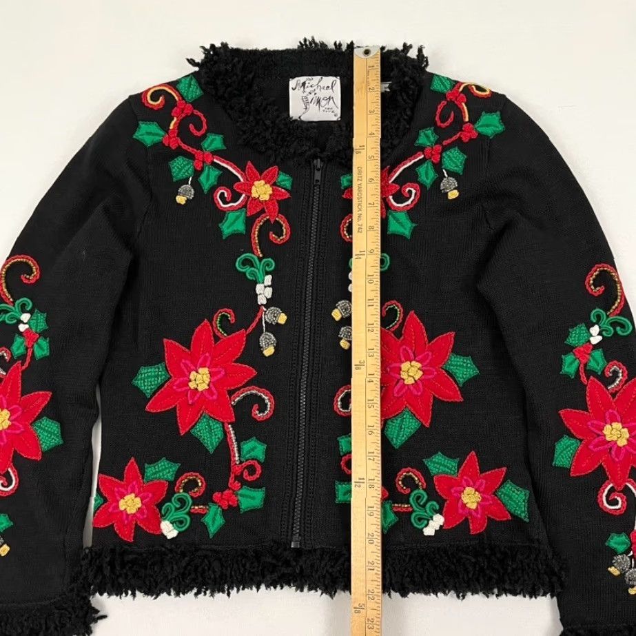 Simons Michael Simon Christmas Cardigan Women M Black Floral Poinsettia Embroidered 90s Size M / US 6-8 / IT 42-44 - 4 Thumbnail