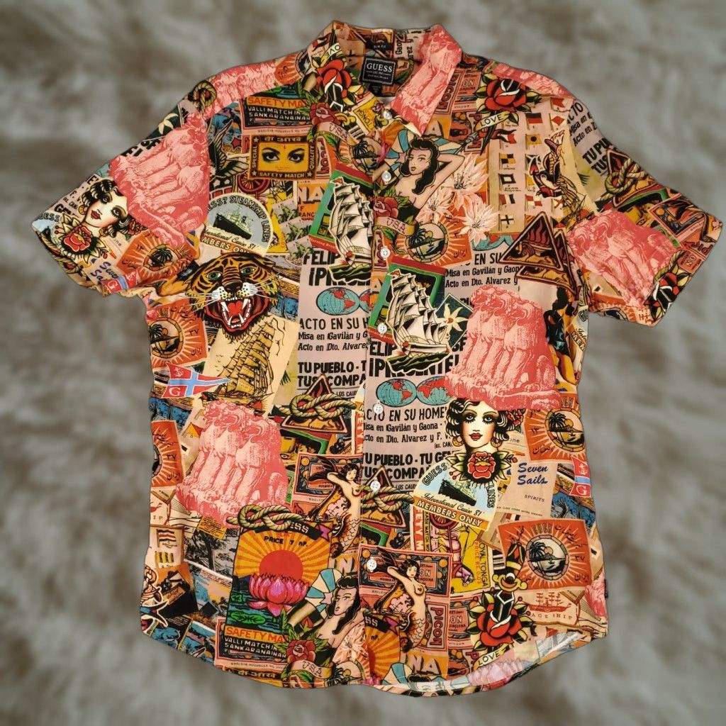 Guess Guess Shirt Mens Red Retro Rayon Casual Short Sleeve Large Medium Size US L / EU 52-54 / 3 - 1 Thumbnail