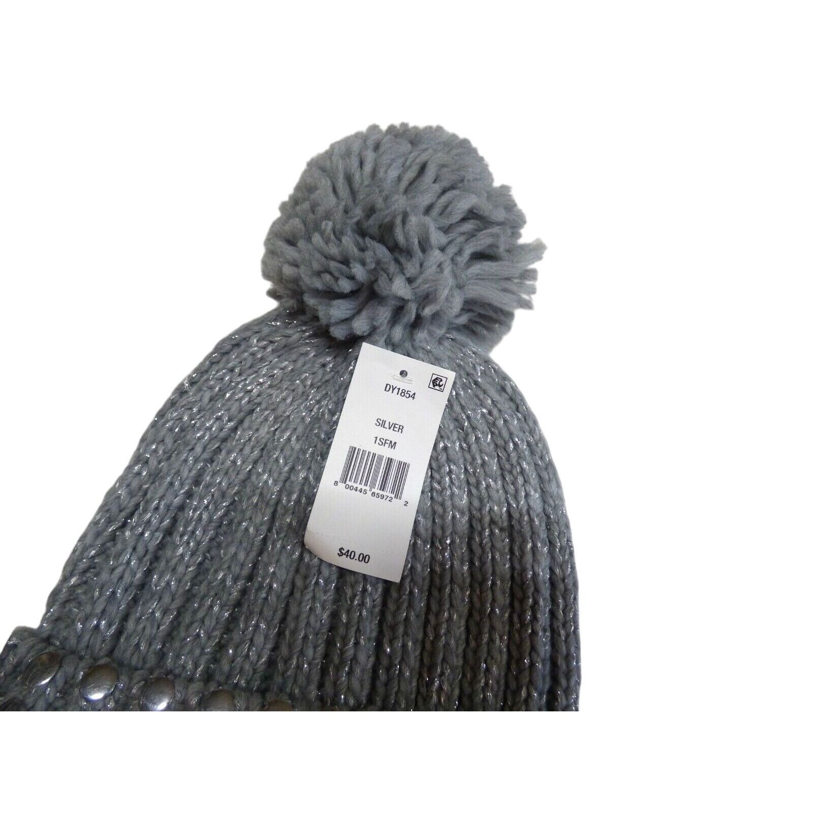 DKNY DKNY Flat-Stud Metallic Rib-Knit Beanie, Silver/ Gray Size ONE SIZE - 6 Thumbnail