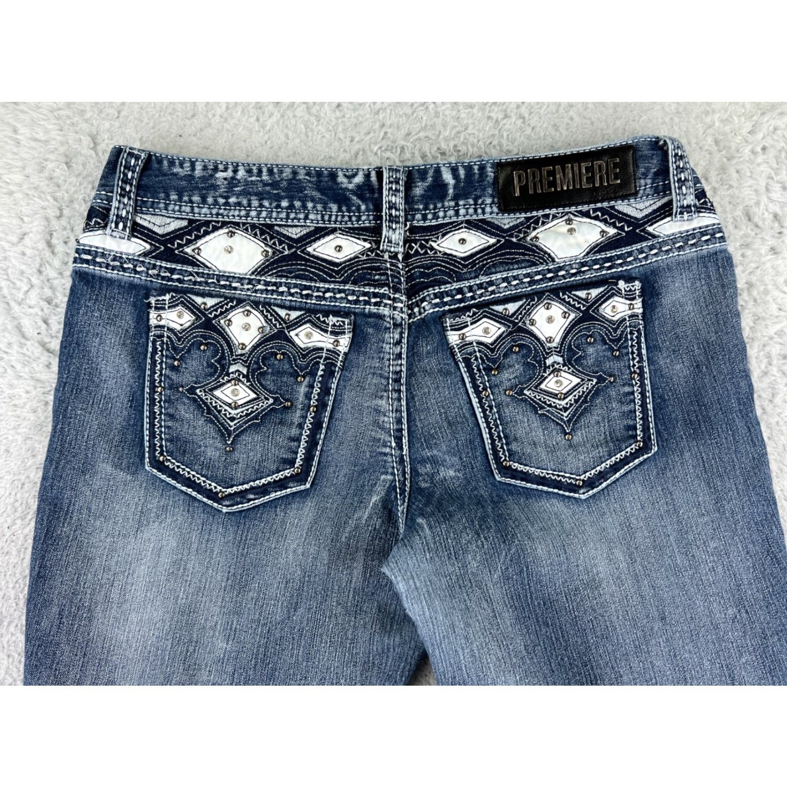 Vintage Premiere Women Jeans 11 Blue Denim Embroidered Slim Bootcut Low Rise 32 Inseam 31in 5-Pocket Design Size 32" / US 10 / IT 46 - 2 Thumbnail