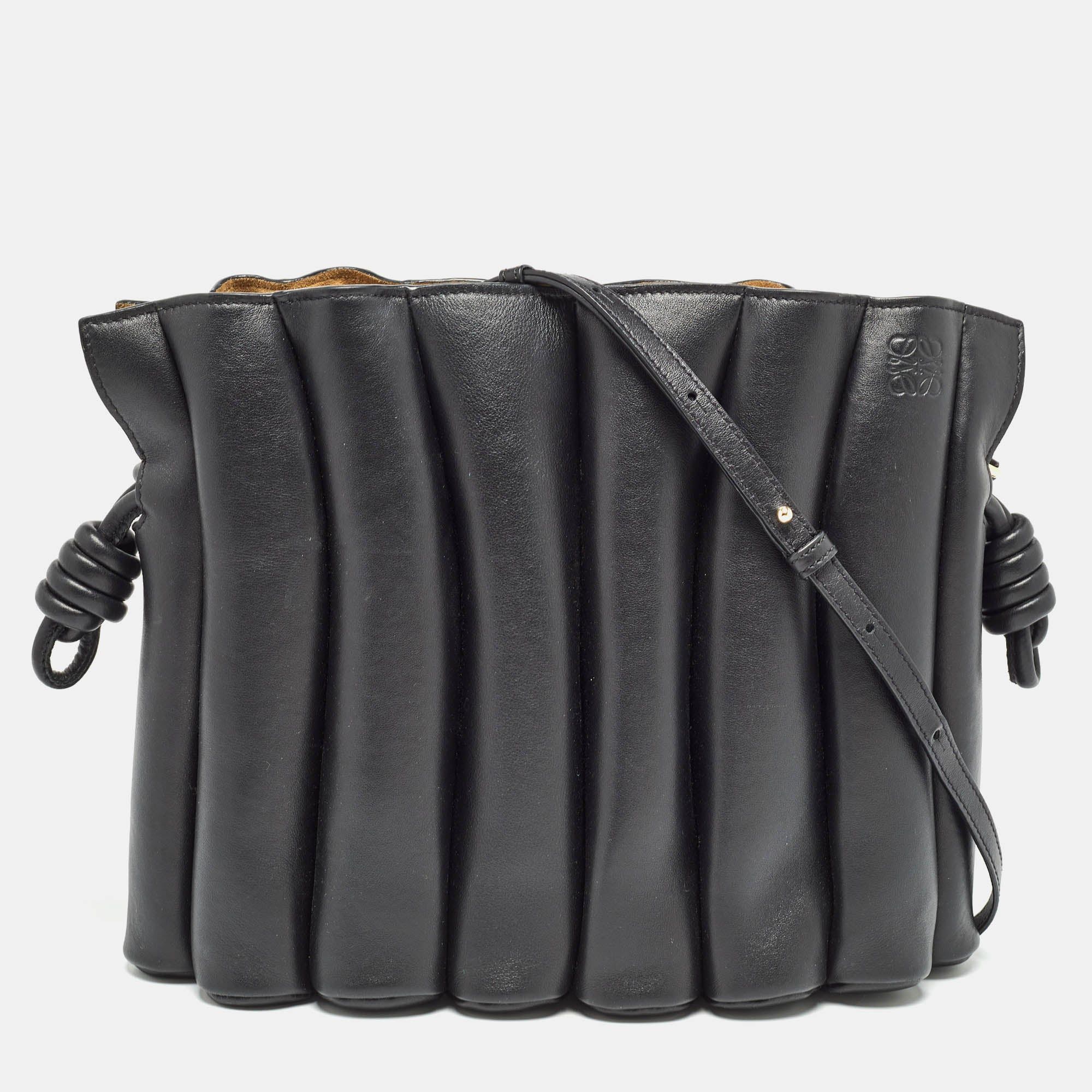 image of Loewe Black Leather Ondas Flamenco Knot Shoulder Bag, Women's