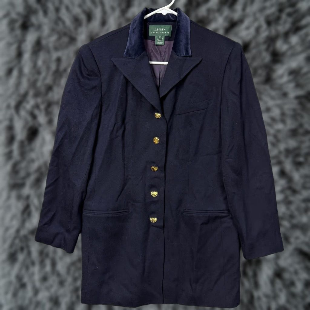 VINTAGE Lauren Ralph Lauren Blazer Women 12 Blue Wool Five-Button Notch Lapel Longline Business Suit Jacket