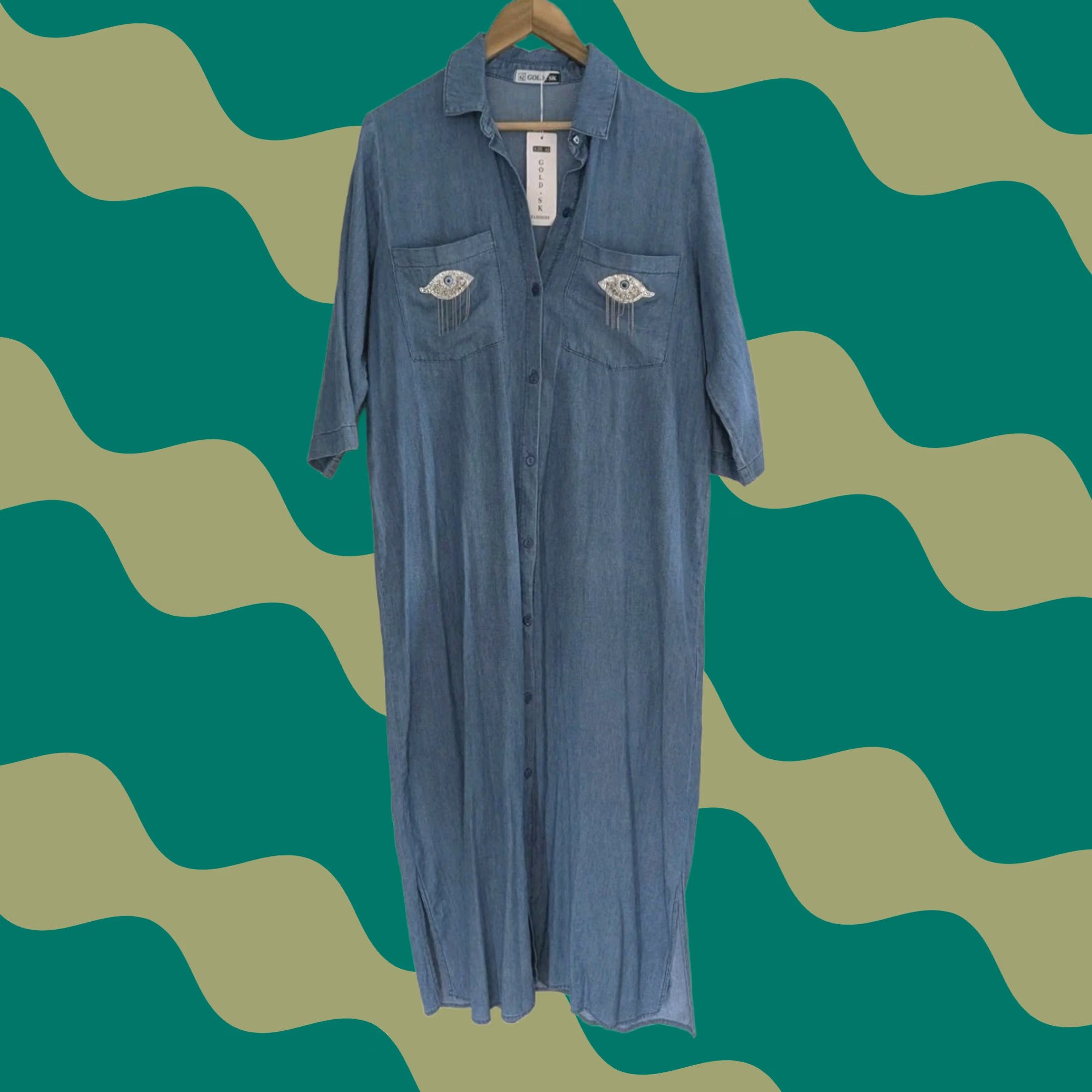 Vintage Gold SK Chambray Shirt Dress Blue Size 42 Rhinestone Eye Tassle Embellishment Women Size M / US 6-8 / IT 42-44 - 1 Thumbnail