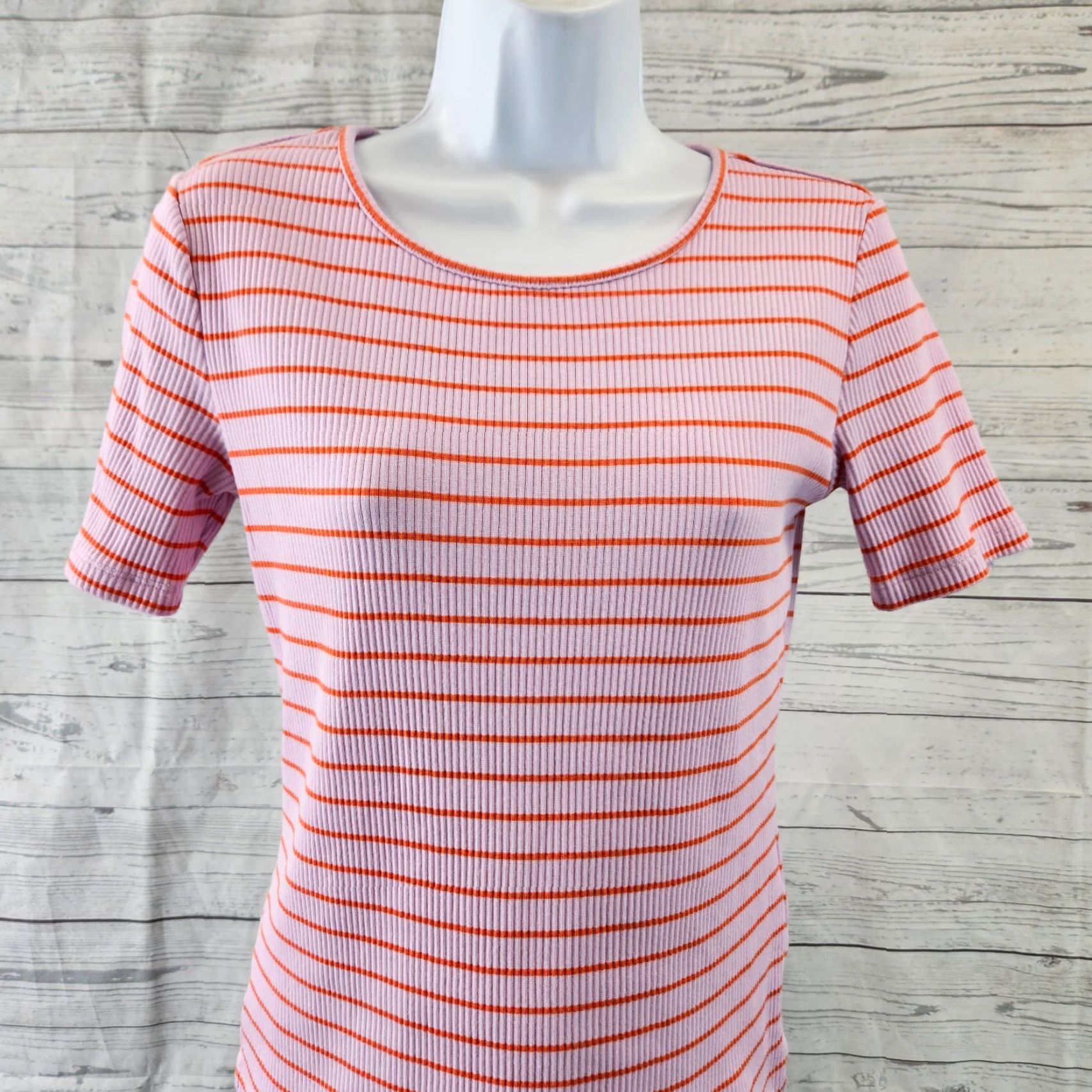 Ann Taylor Ann Taylor Womens Blouse Shirt Small Pink Orange Stripe Cotton Blend Short Sleeve Round Neck Woman Indoor Ladies Shirt Size S / US 4 / IT 40 - 2 Thumbnail