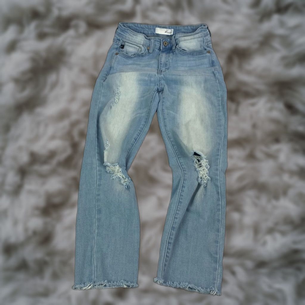 Vintage Kancan Jeans Junior Teens Size 5 Straight Light Blue Distressed Raw Hem Wash Size 27" / US 4 / IT 40 - 1 Thumbnail