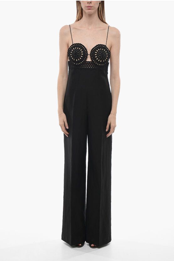 image of Stella Mccartney Flax Blend Jumpsuit With Brodarie Anglaise Detail in Black, Women's (Size 30)