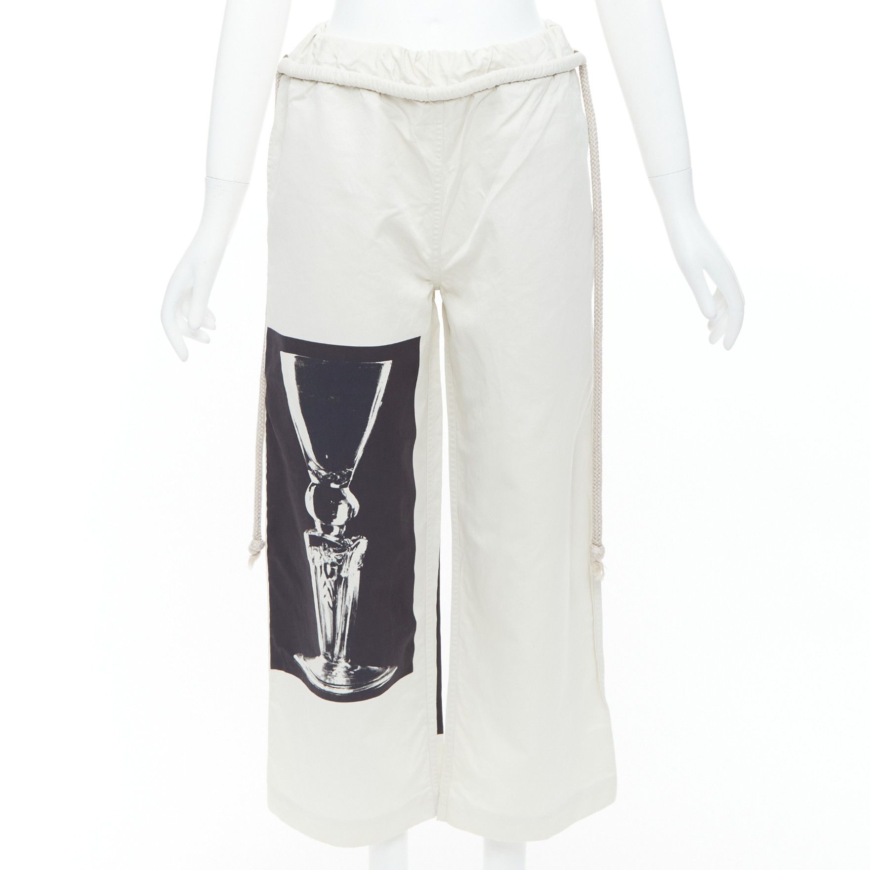 PORTS 1961 beige cotton silk glass photo print drawstring waist pants IT38 XS
