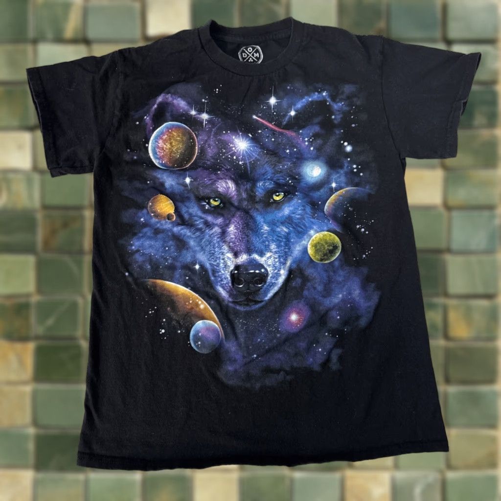 Vintage Space Wolf Graphic Print T Shirt Short Sleeve Black By ODM Small XL Black Wolf Mens Regular Cotton Graphic Space - Size US XL / EU 56 / 4 - 1 Thumbnail