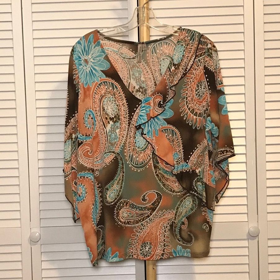 Other Susan Lawrence Paisley Floral V-Neck 3/4 Sleeve Blouse 2X Size XXL / US 16-18 / IT 52-54 - 1 Thumbnail