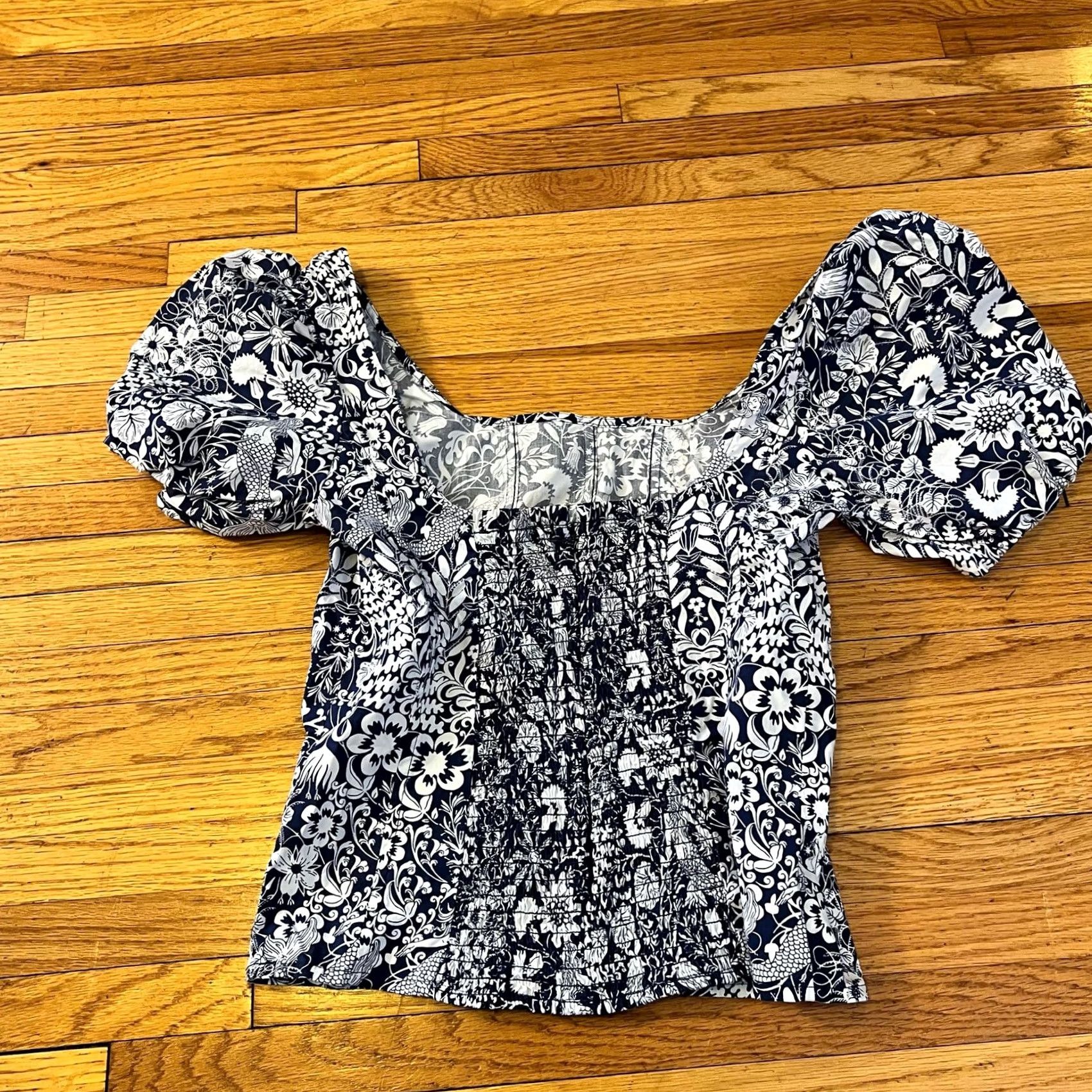 J.Crew J. Crew Shirt Womens XS Puff Sleeve Cotton Poplin Square Neck Top Navy Floral Blouse Size XS / US 0-2 / IT 36-38 - 3 Thumbnail