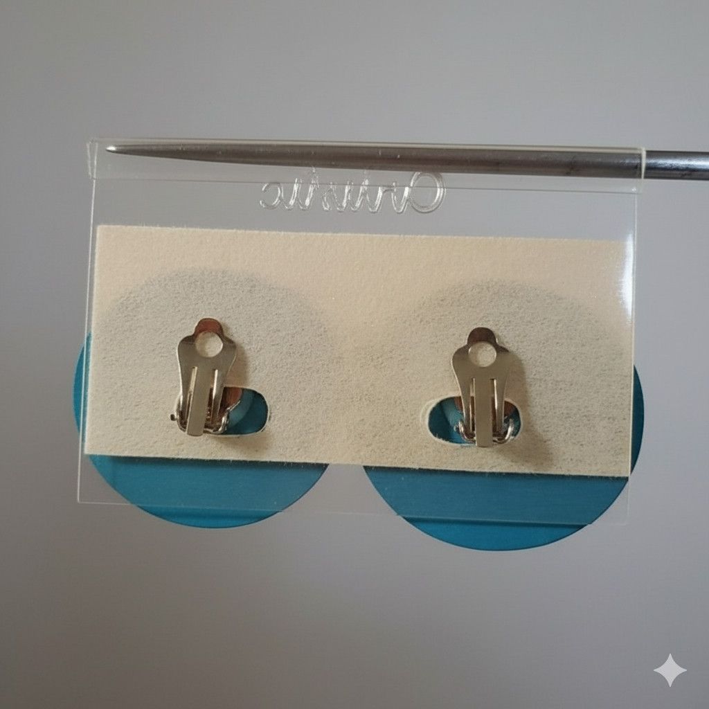 Handmade Artistic Button Earrings Clip On Turquoise Wood Brass Paint Size ONE SIZE - 4 Thumbnail