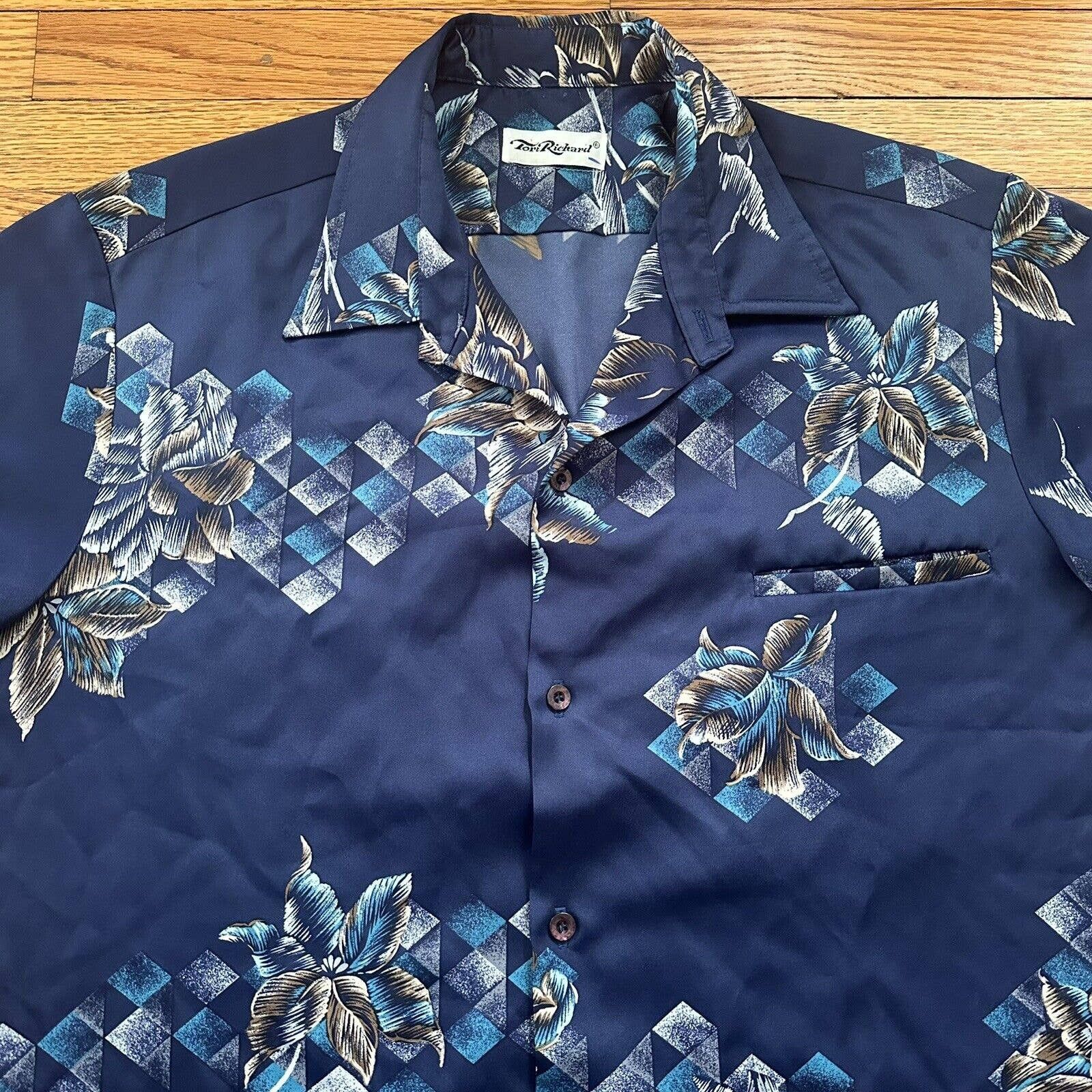 Vintage 70s Tori Richard Blue Floral Hawaiian Shirt fit L/XL