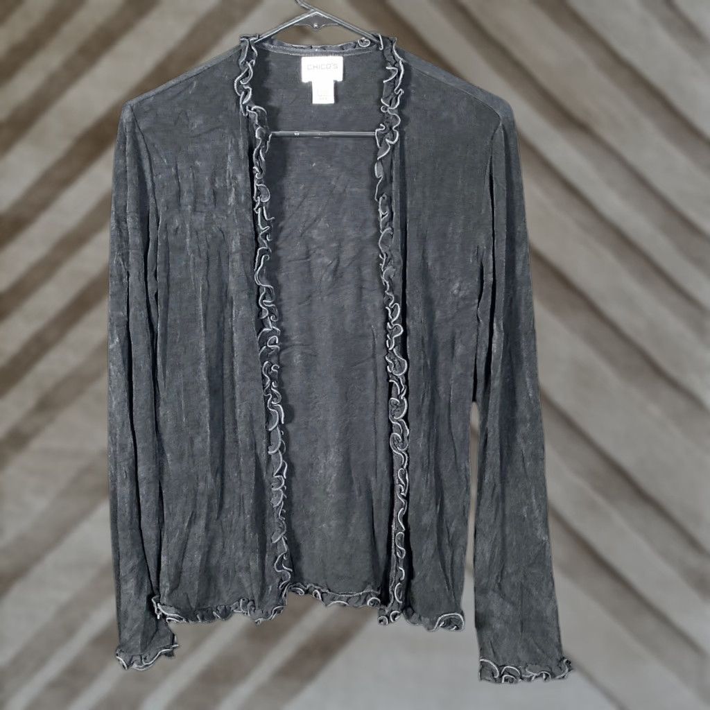 Vintage Chicos Travelers Women Sweater Cardigan Open Ruffle Front Black Sheer Stretch Regular S XS? Wait—keep accurate. Size S / US 4 / IT 40 - 1 Thumbnail