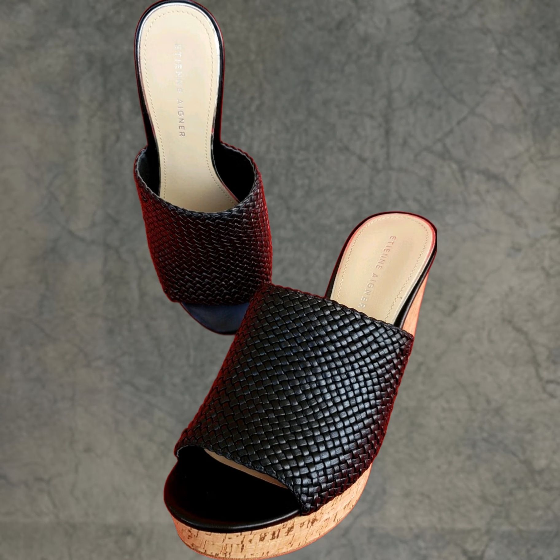 Etienne Aigner Etienne Aigner Women's Black Leather Slide Wedge Sandal 9.5M Woven Crossover Daiquiri Size US 10 / IT 40 - 1 Thumbnail