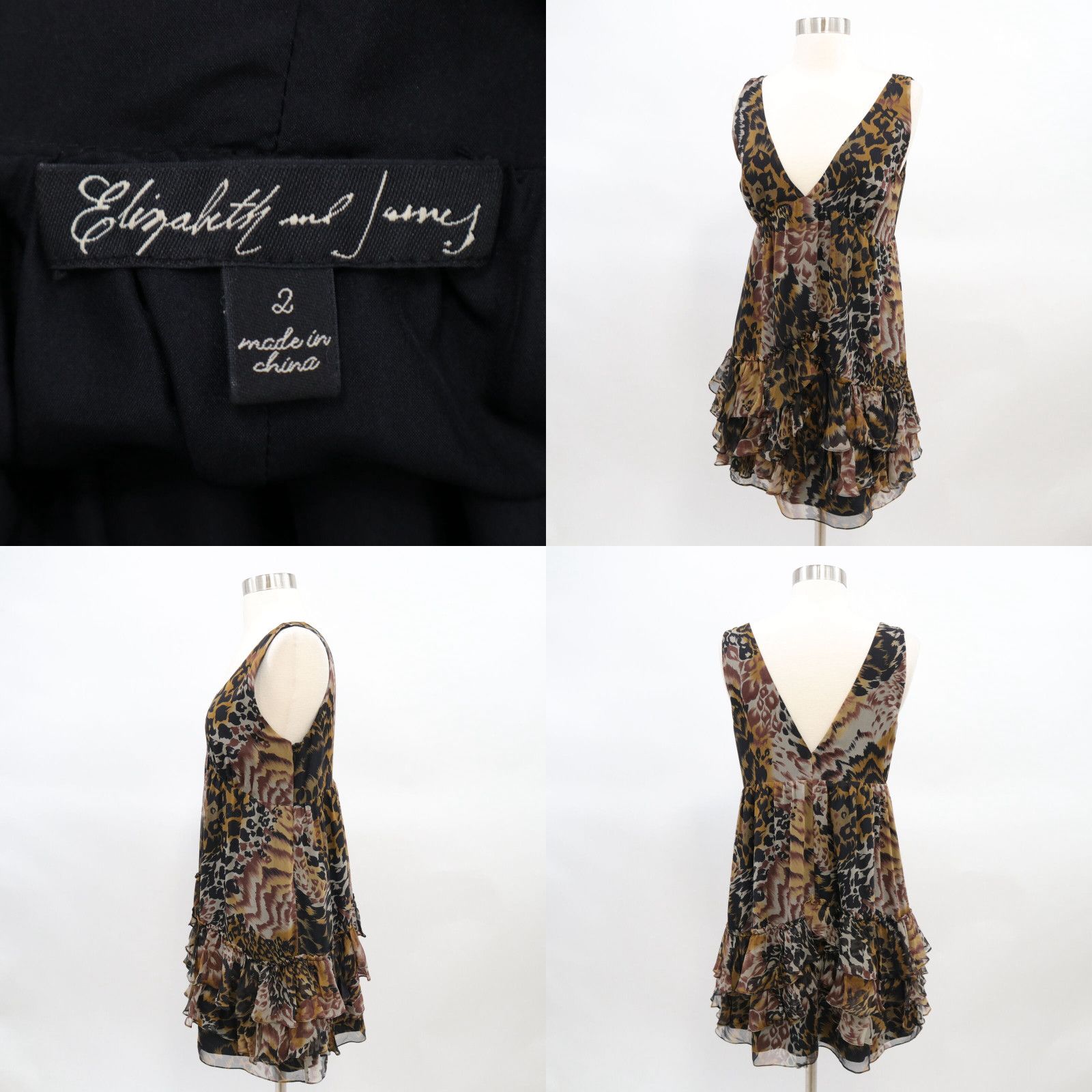 Elizabeth and James Elizabeth & James Mini Dress Silk Womens 2 Ruffles Animal Print Brown Deep V Size XS / US 0-2 / IT 36-38 - 4 Preview