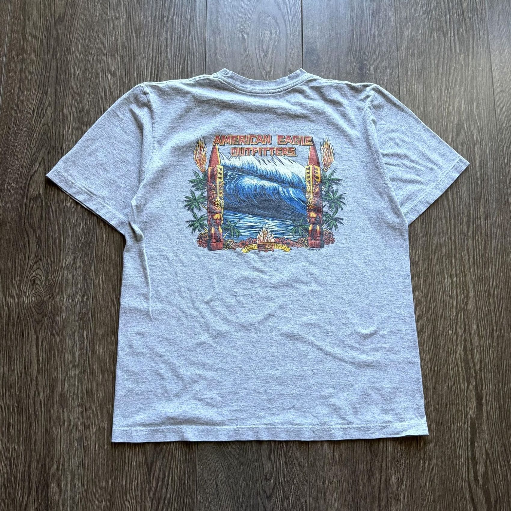 American Eagle Outfitters American Eagle Outfitters Shirt Medium Gray Y2K Surf Wave Hawaiian Graphic Tee Size US M / EU 48-50 / 2 - 3 Thumbnail