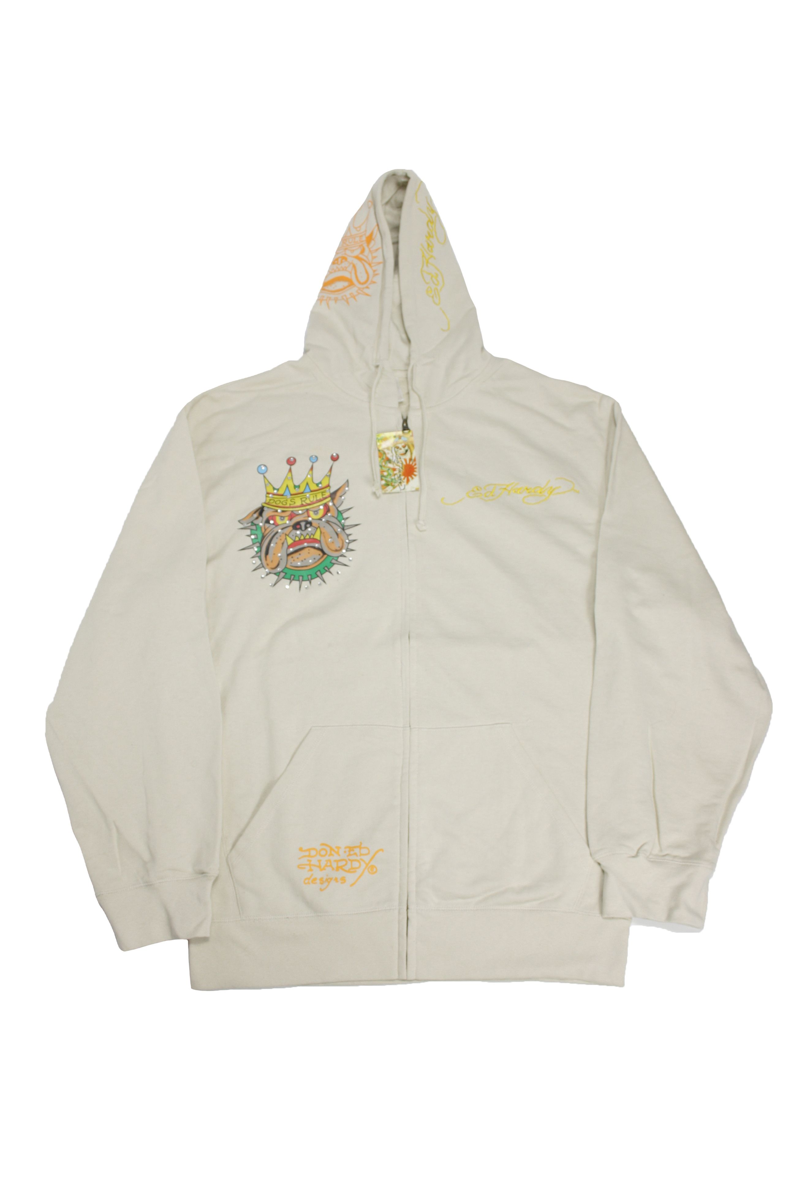 image of NWT Don Ed Hardy Christian Audigier Dogs Rule Zip Hoodie in Beige, Men's (Size 2XL)