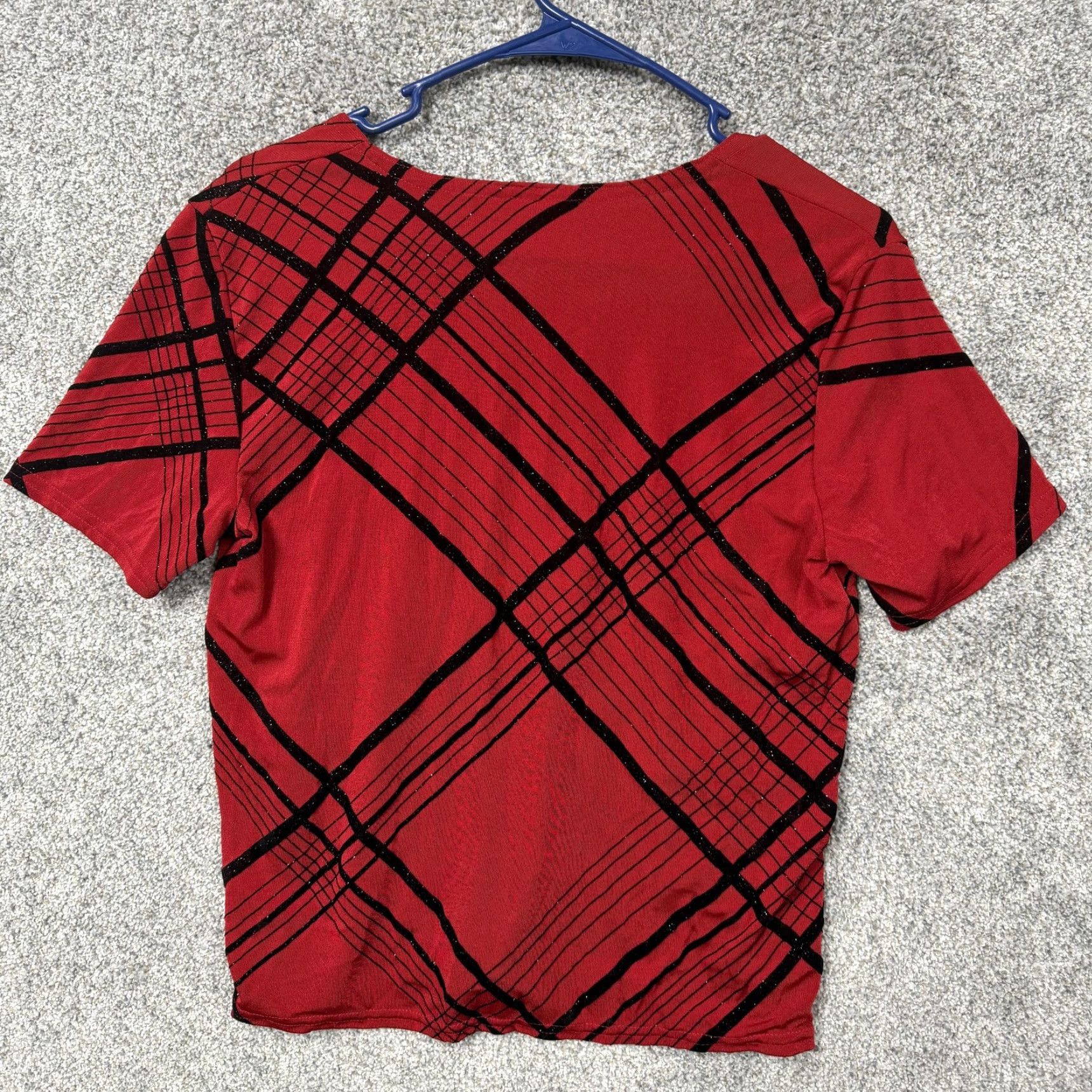 Lee VTG 90s Y2K Kathie Lee Collection Womens T-Shirt Red Black Glitter Plaid Round Neck Short Sleeve Casual Vintage Grunge Disco Size M / US 6-8 / IT 42-44 - 5 Thumbnail