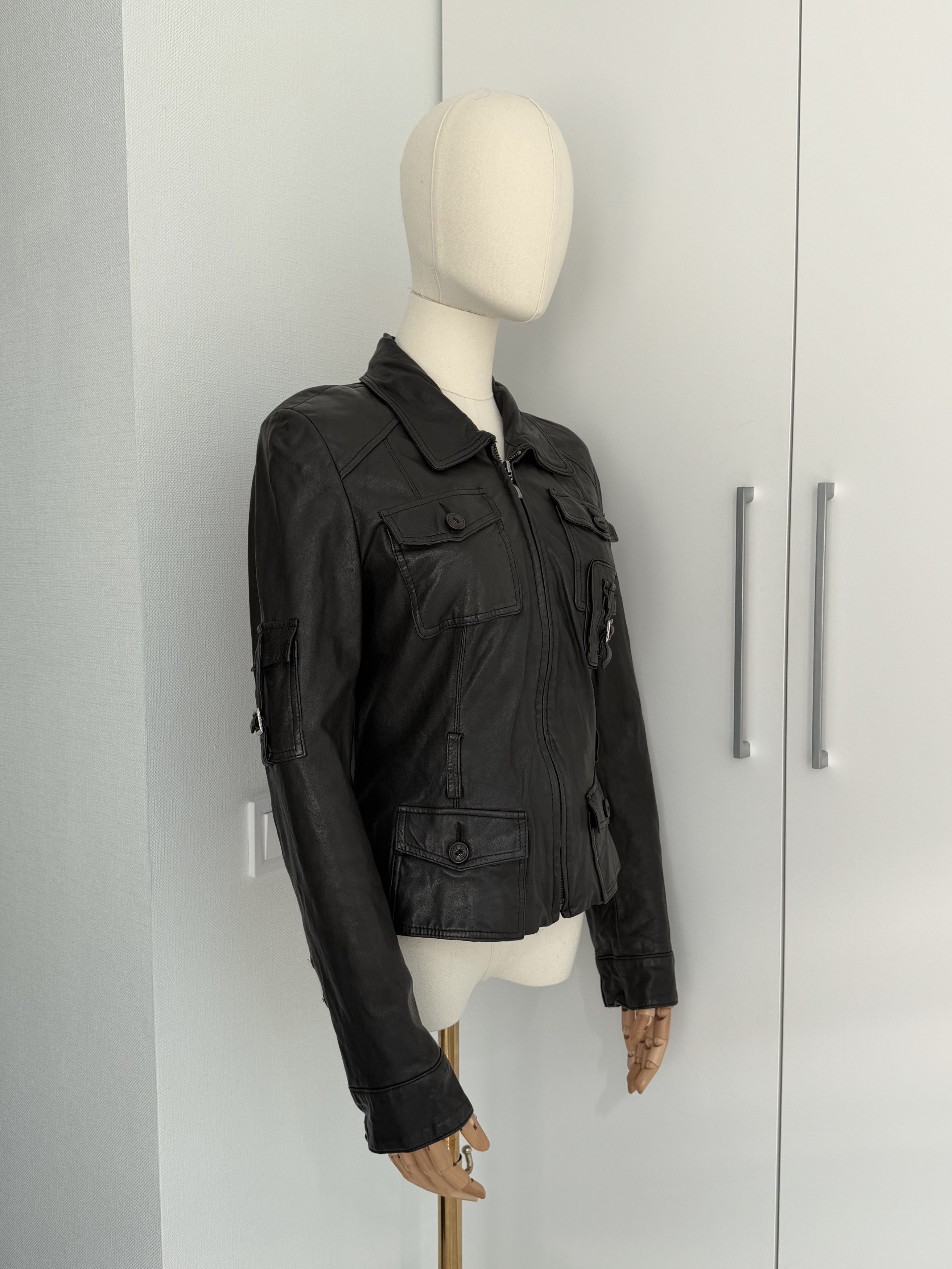 Vintage Y2K Leather Utility Moto Jacket Womens Fitted XS Zip Pocket Size XS / US 0-2 / IT 36-38 - 2 Thumbnail