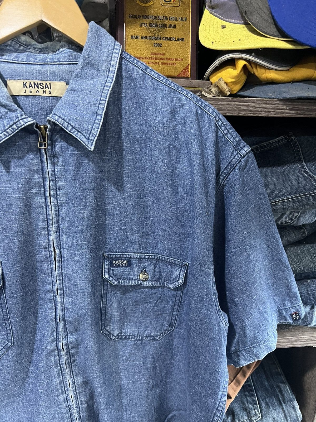 Kansai Yamamoto 🔥Kansai Jeans Zipper Short Sleeve Denim Shirt Size US XXL / EU 58 / 5 - 5 Thumbnail