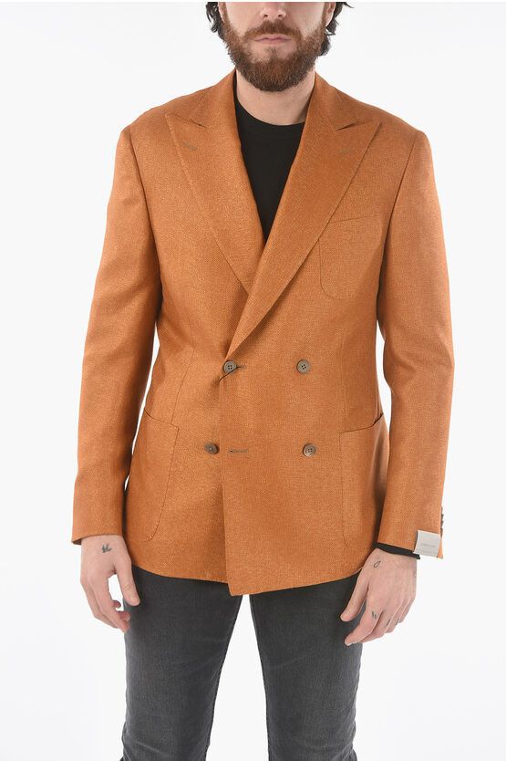 image of Corneliani Virgin Wool And Silk Side Vents Peak Lapel Gate Double-Breas in Orange (Size Large)