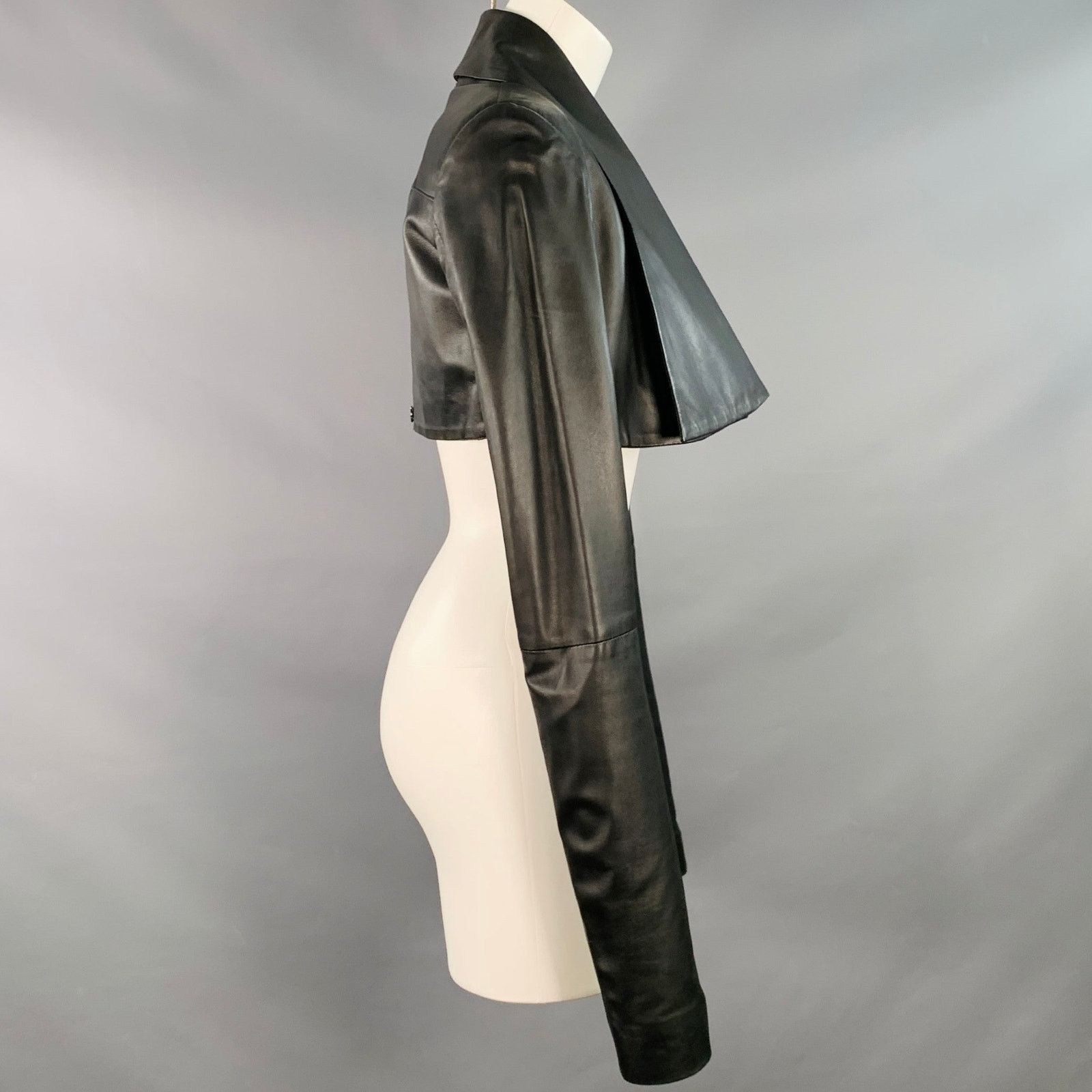 Other Black Leather Cropped Large Lapel Open Front Jacket Blazer Size XS / US 0-2 / IT 36-38 - 3 Thumbnail