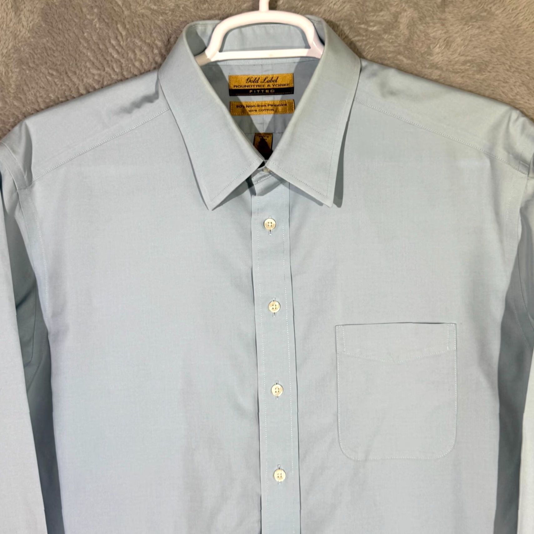 Vintage Gold Label Dress Shirt Men Blue 17.5×35 Long Sleeve Button-Down Fitted 100% Cotton Formal Shirt Mens Regular Neck 17.5 in Vintage No Size 48R - 4 Thumbnail