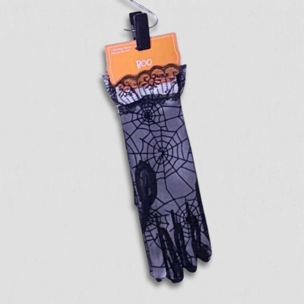 Boohoo Halloween Sheer Lace Gloves Spiderweb Pattern Gothic Black Size ONE SIZE - 1 Thumbnail