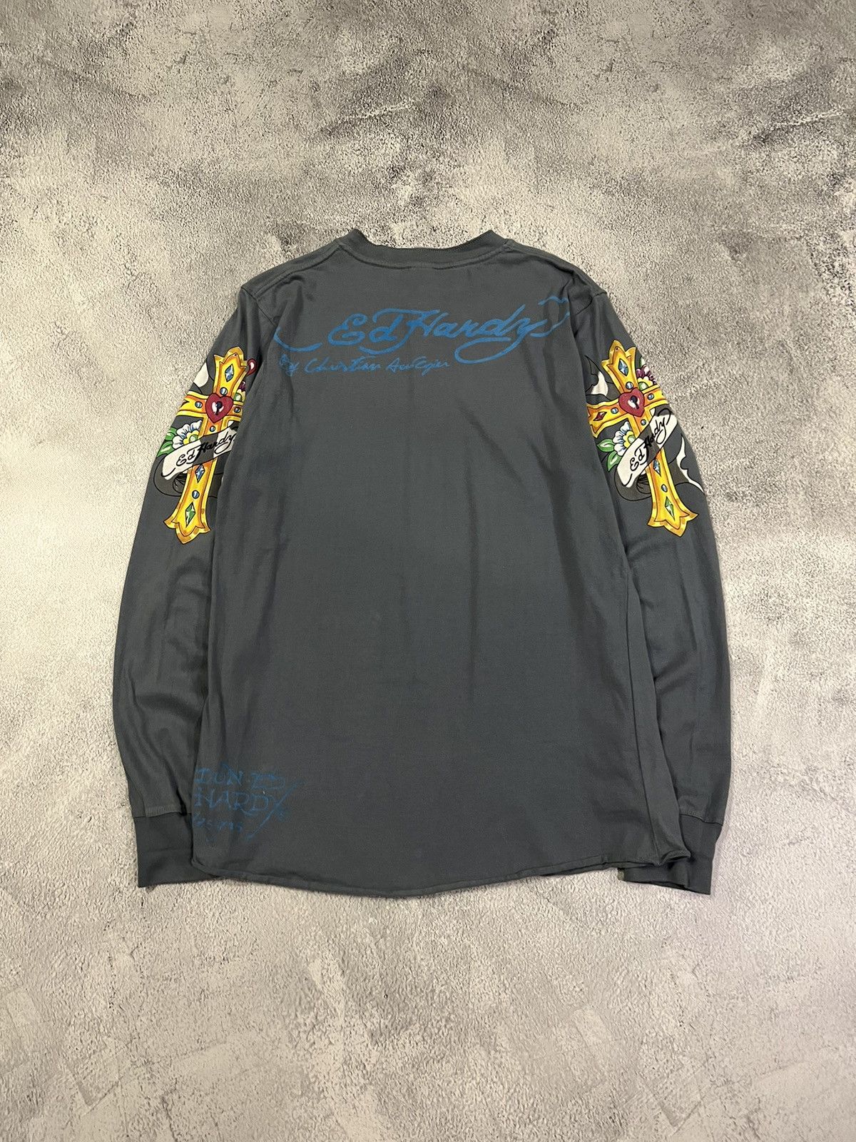 Vintage Y2k Ed Hardy Skull Cross Tattoo Rare Long Sleeve 00s