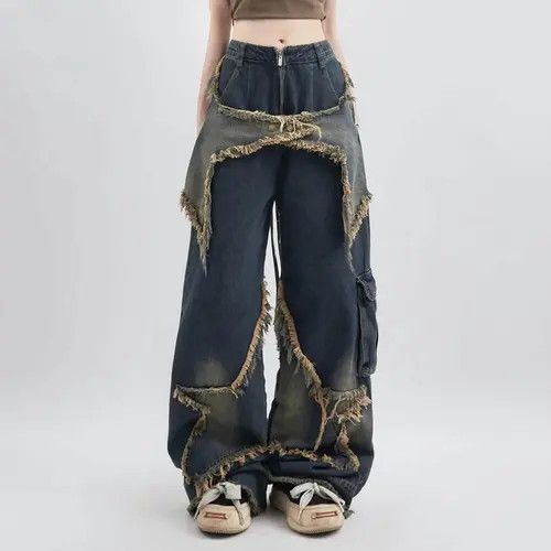 image of Y2K Vintage Big Star Designed Ripped Denim Oversize Jeans in Blue, Women's (Size 24)