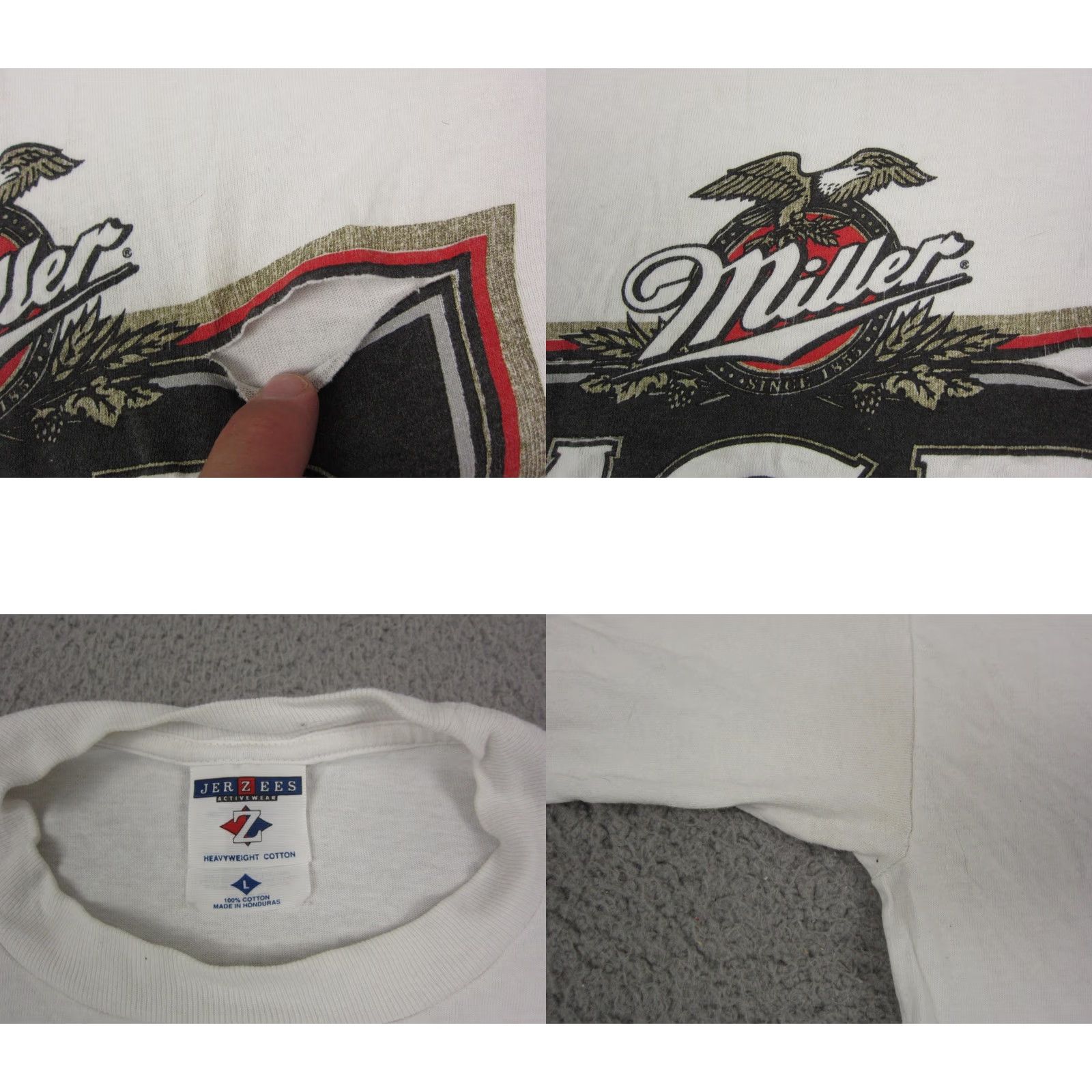 Jerzees VINTAGE Miller Shirt Mens Large L White Genuine Draft Single Stitch Beer 90s MGD Shirt Mens L White 90s Beer City Classic American Boys Mens Size US L / EU 52-54 / 3 - 8 Thumbnail