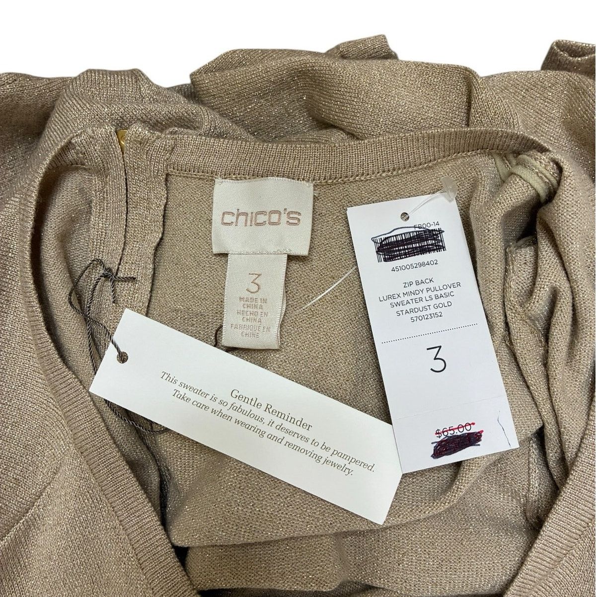 Chicos Chico's Lurex Mindy back zip sweater in Stardust Gold NWT Size XXL / US 16-18 / IT 52-54 - 6 Thumbnail
