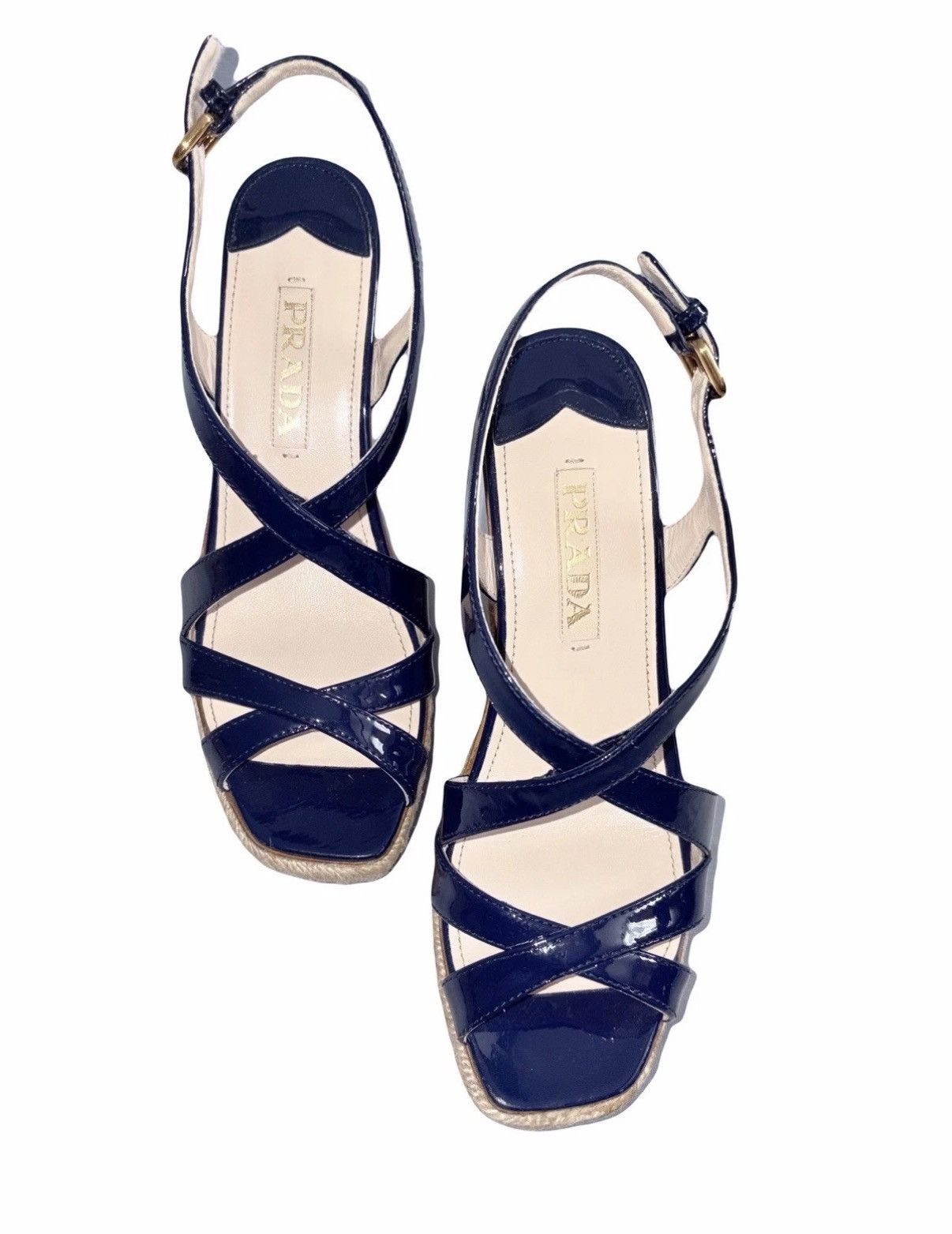 Prada Prada Navy White Stripes Patent Leather Wedge Sandals 38eu Size US 8 / IT 38 - 2 Thumbnail