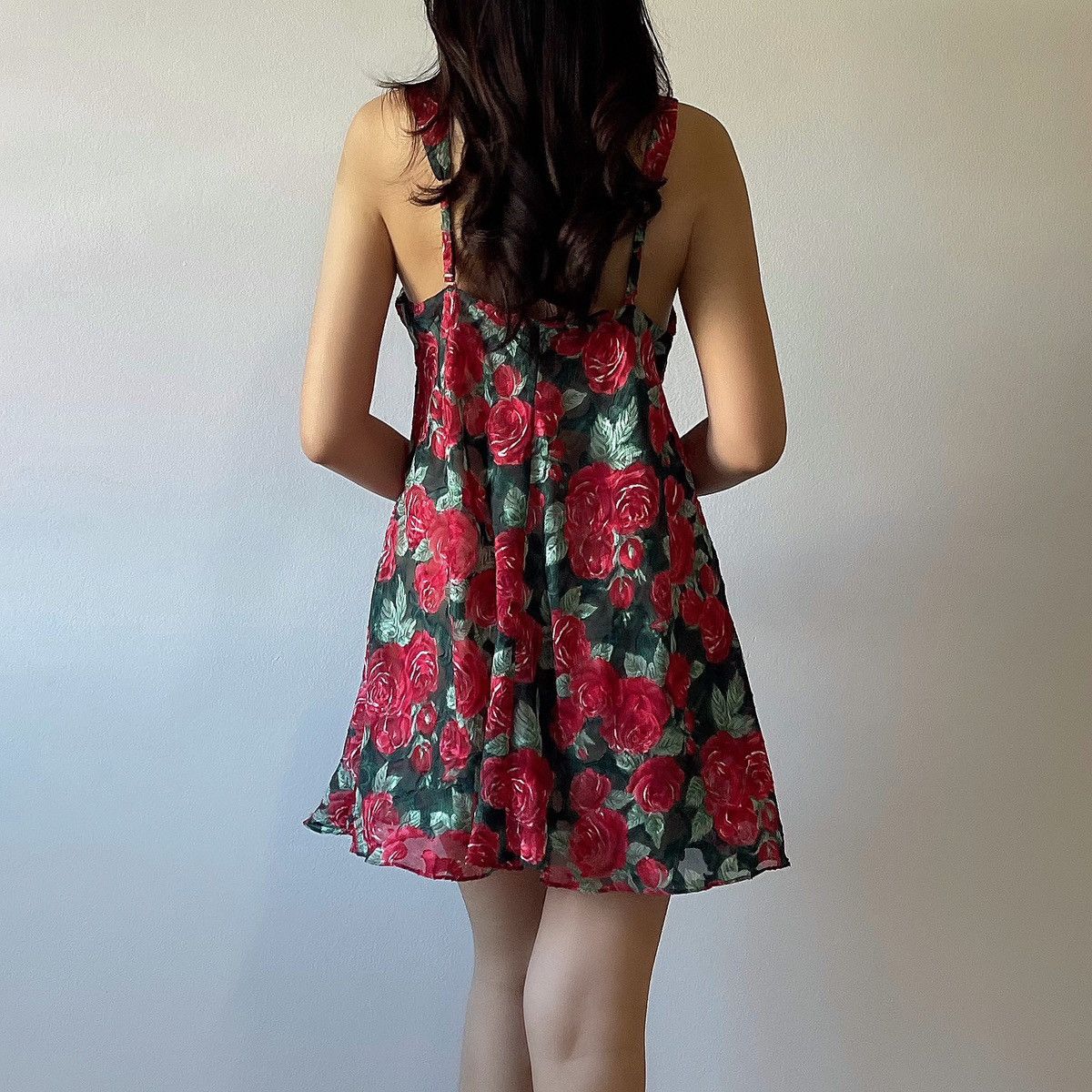 Victoria's Secret × Vintage Vintage 1990's Green Red Roses Chiffon Sheer Slip Dress /S-M Size M / US 6-8 / IT 42-44 - 4 Thumbnail