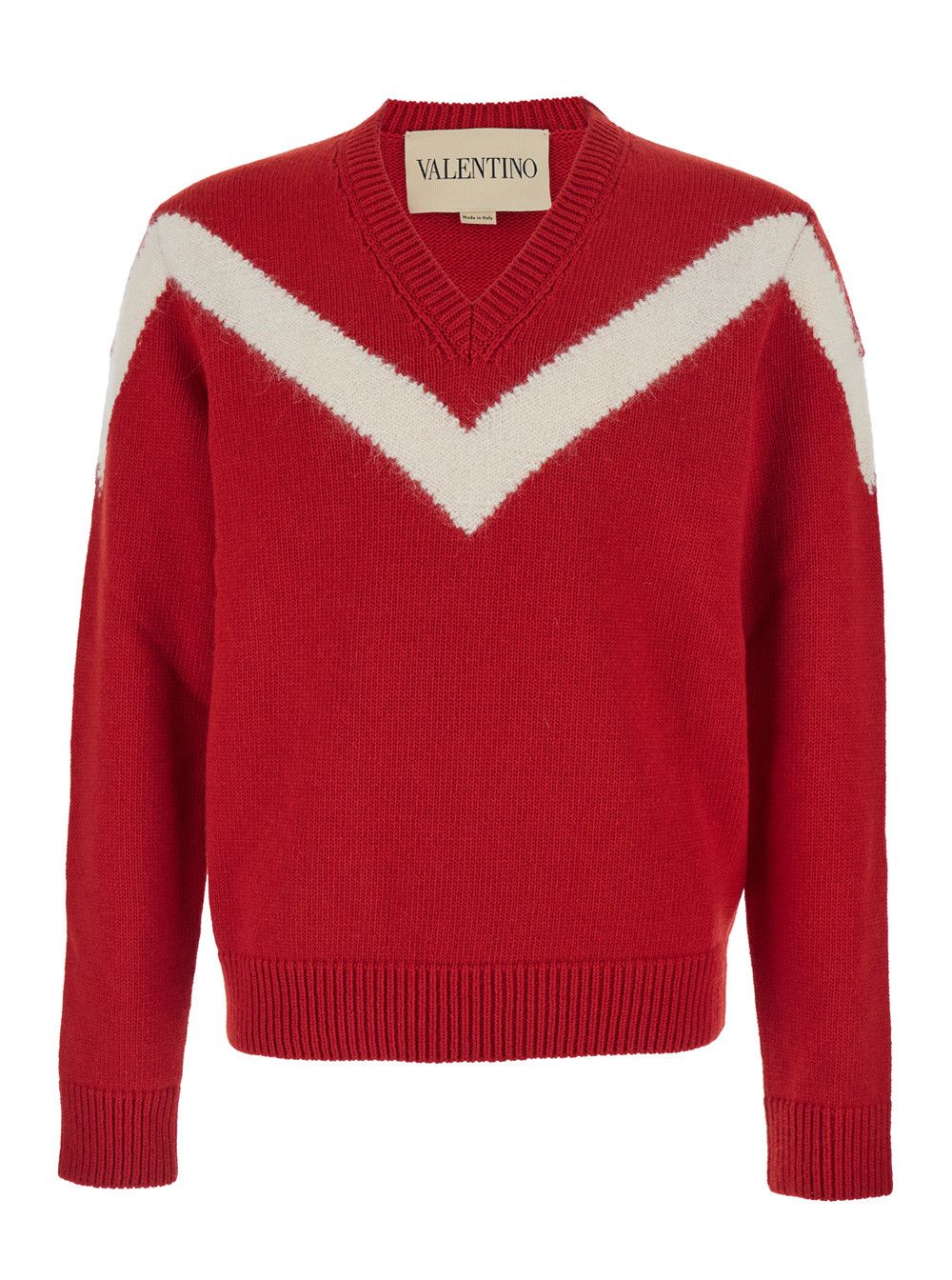Valentino Red Sweater with V Neck and Rear Bow with VLogo Plaque in Wool Man Size US XL / EU 56 / 4 - 1 Thumbnail