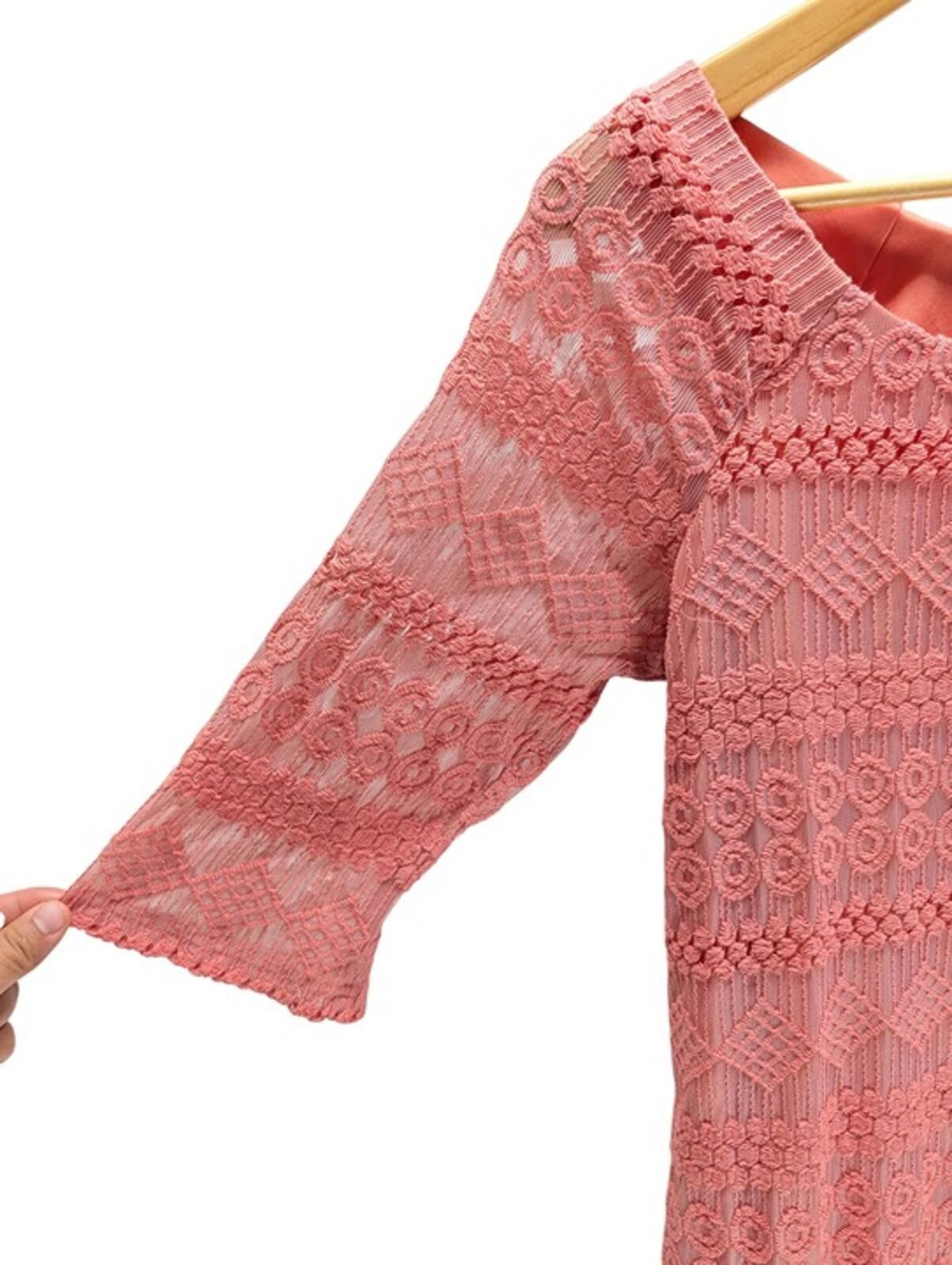 Other Rabbit Designs Coral Pink Lace Overlay Sheath Dress Large Size L / US 10 / IT 46 - 2 Thumbnail